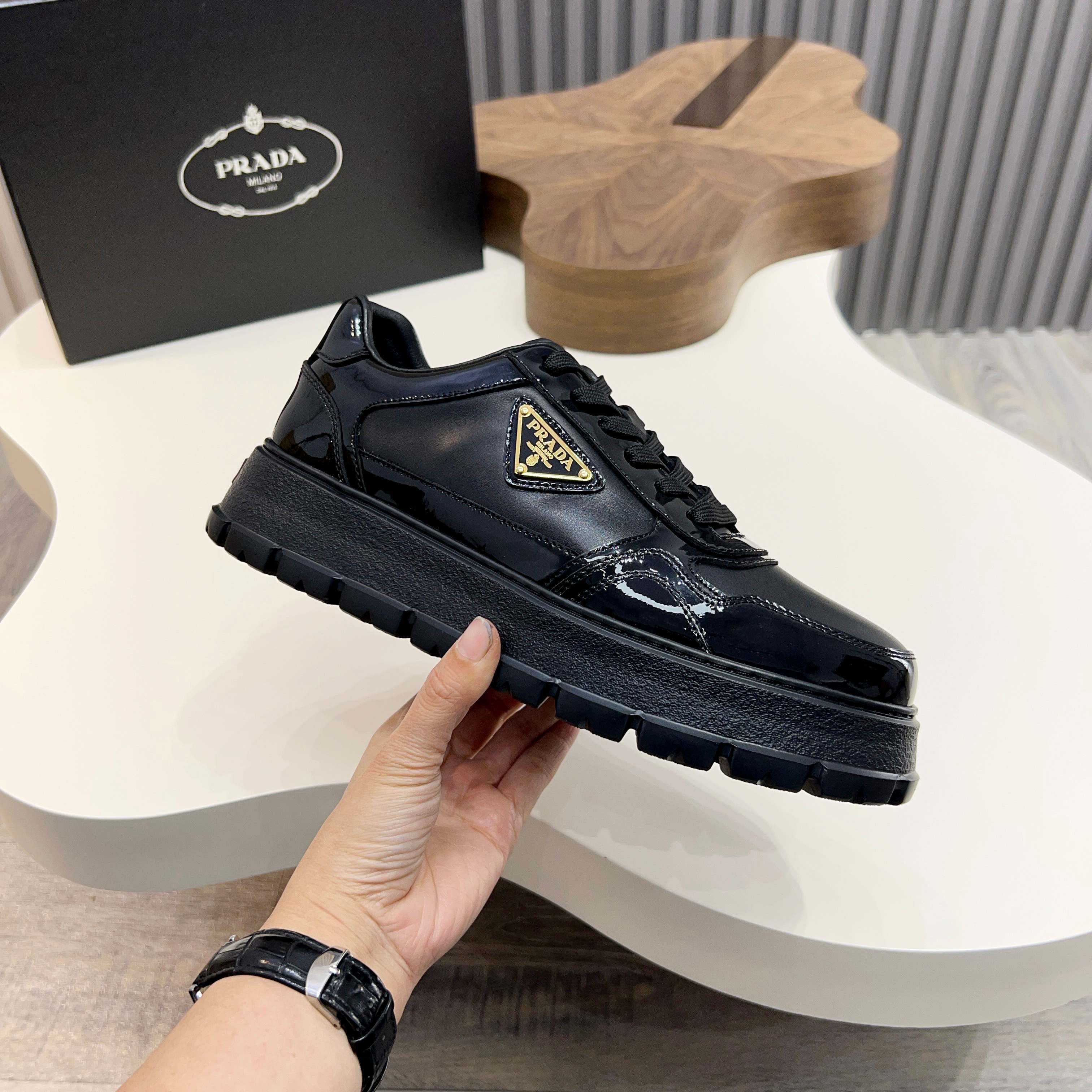 Prada Men's Black Leather and Patent Leather Lace-Up Sneakers 11 a1744085619813 2040