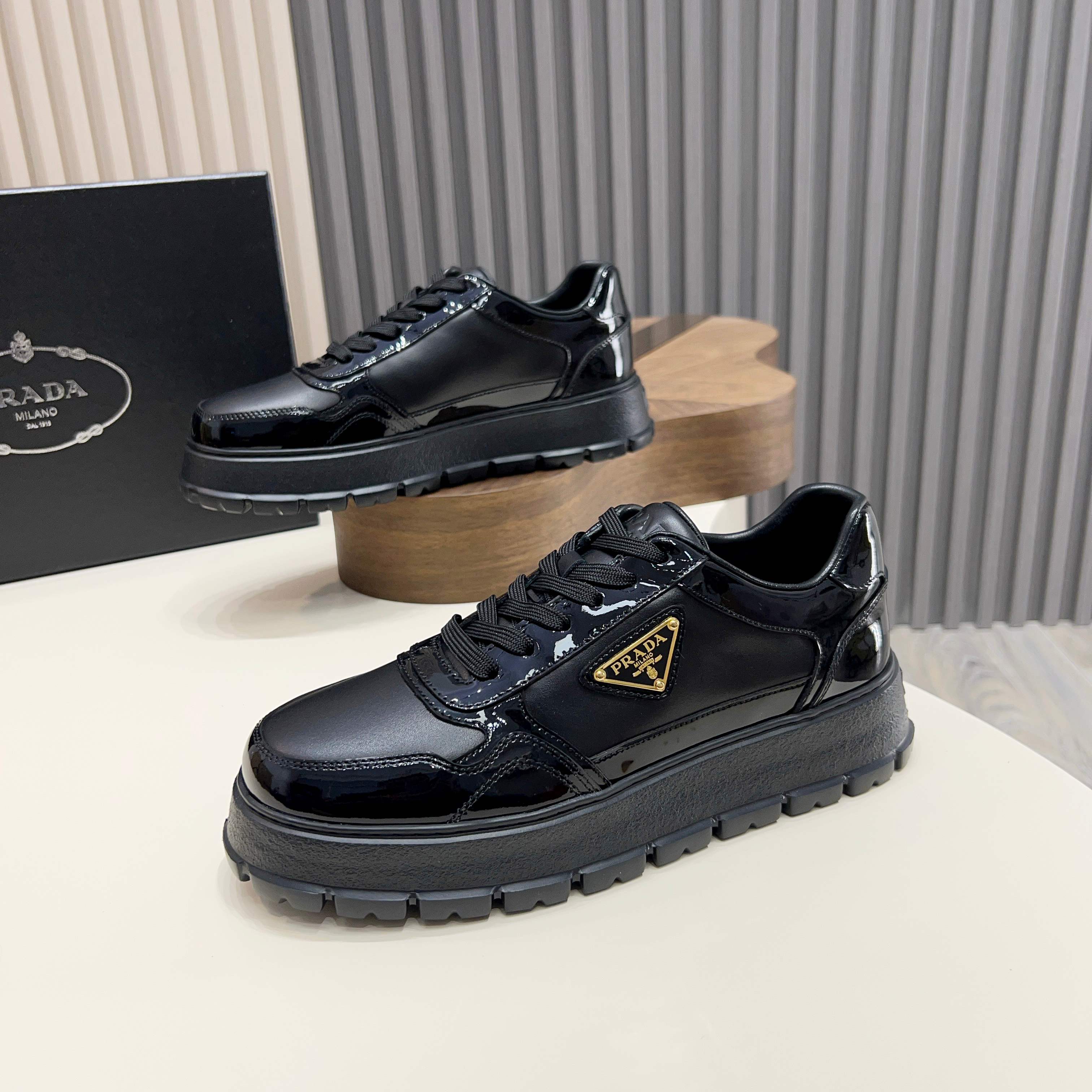 Prada Men's Black Leather and Patent Leather Lace-Up Sneakers 10 a1744085619896 0674