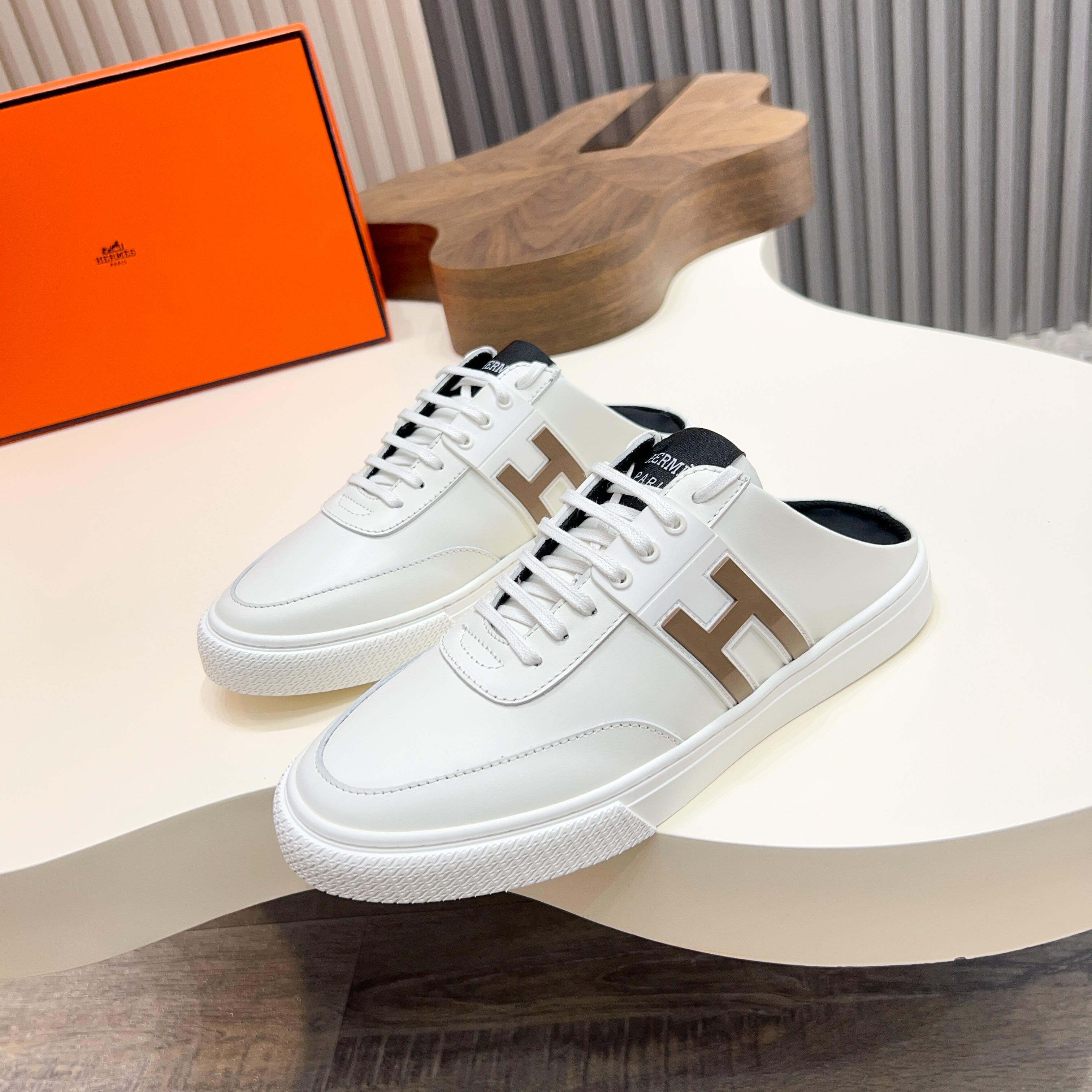 Hermes Men's White Leather Casual Sneakers - Slip-On Style, Comfortable 1 Hermes Men's White Leather Casual Sneakers - Slip-On Style, Comfortable