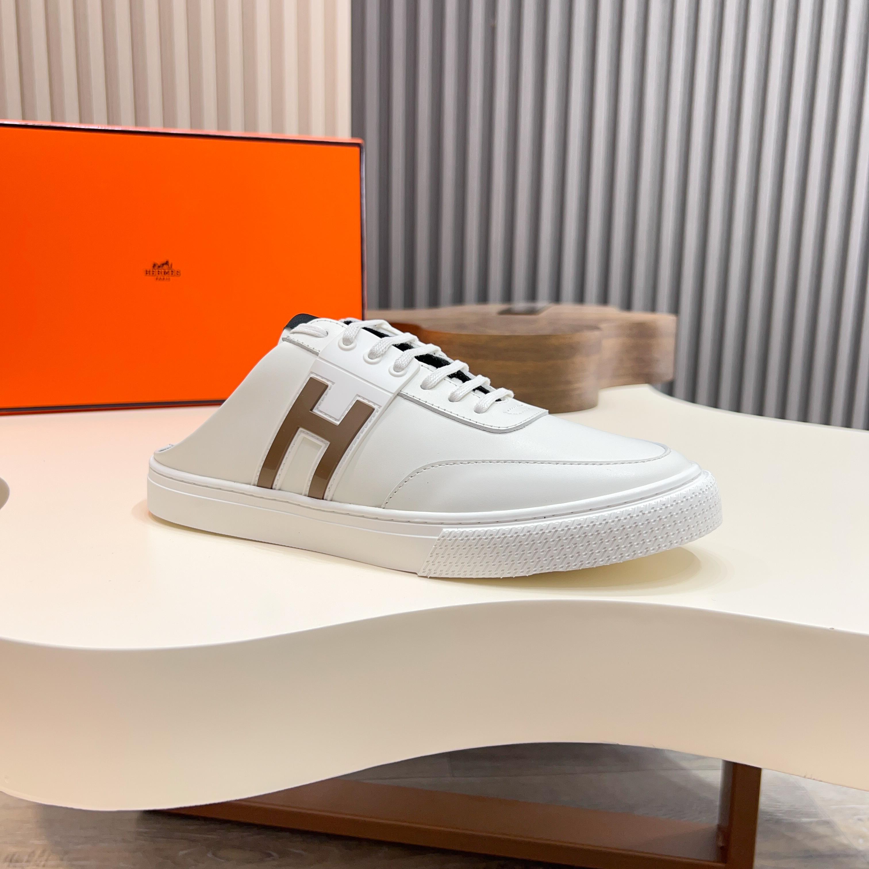 Hermes Men's White Leather Casual Sneakers - Slip-On Style, Comfortable 7 a1744605390039 4377