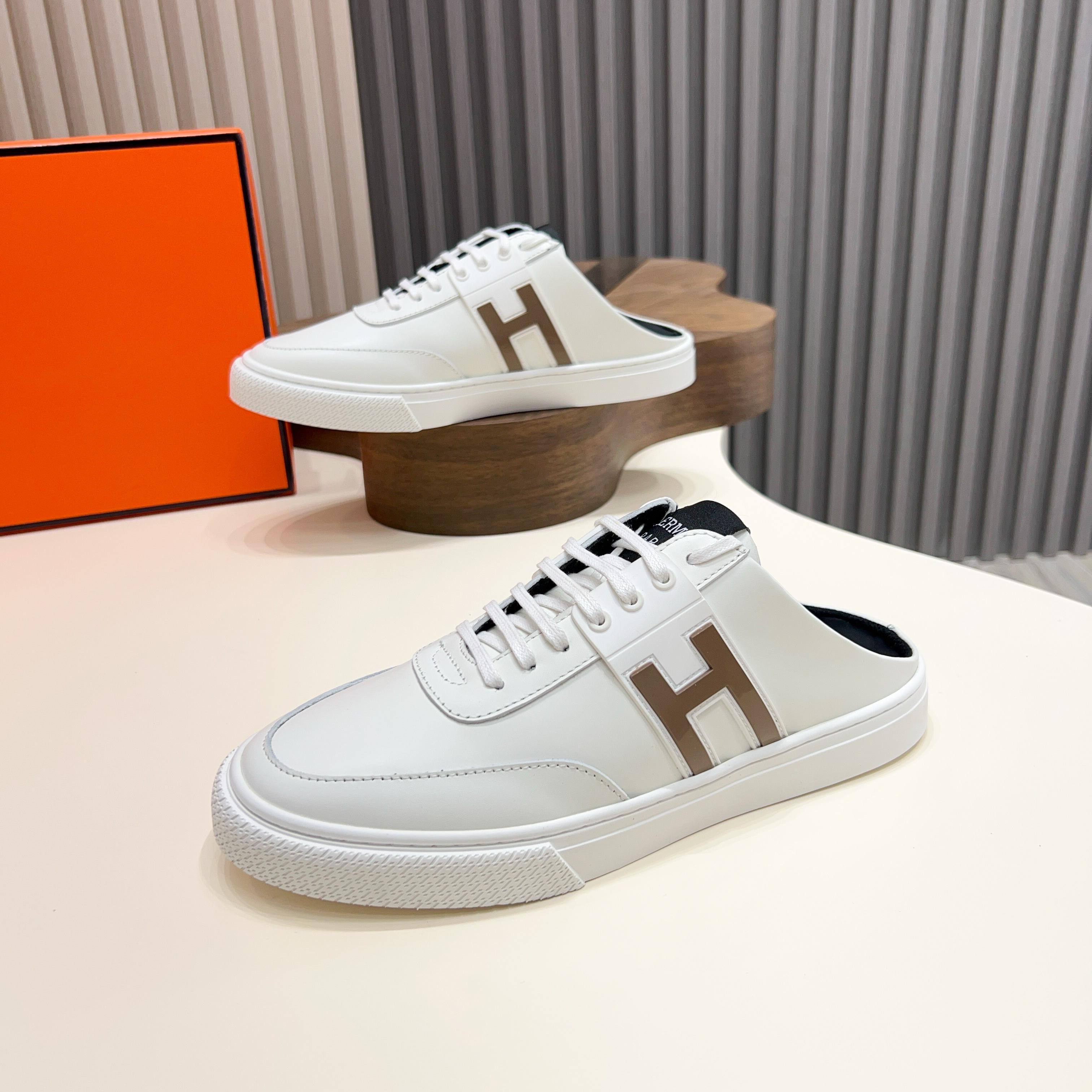 Hermes Men's White Leather Casual Sneakers - Slip-On Style, Comfortable 9 a1744605390050 1308