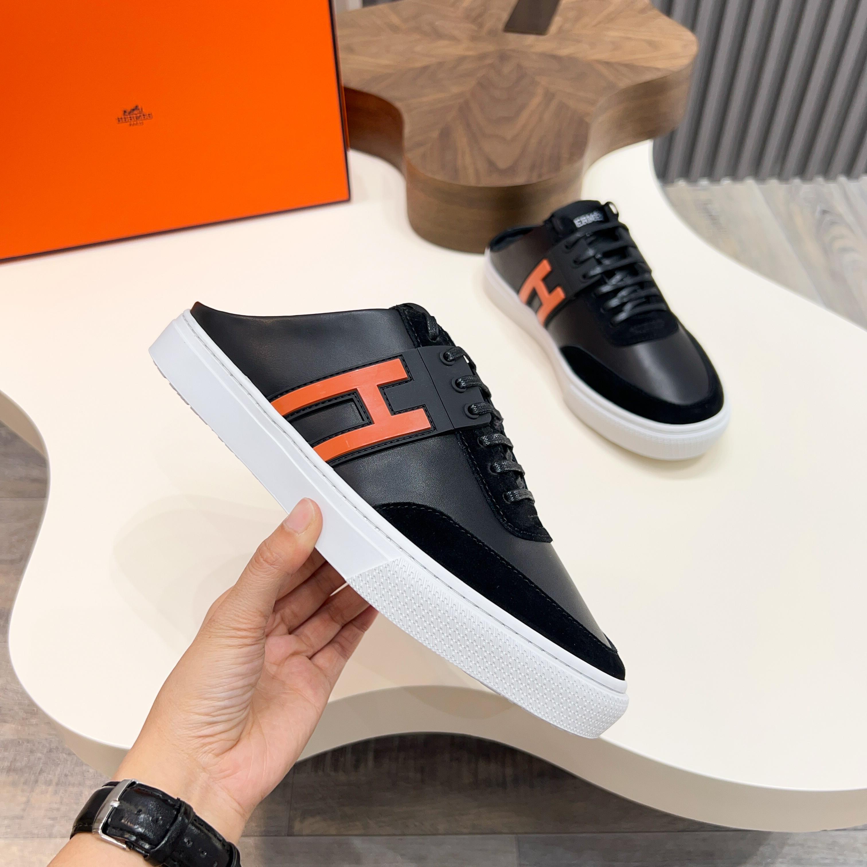 Hermes Men's Black Leather Sneakers with Orange 'H' Logo - Sizes 39-44 3 a1744605418150 3270
