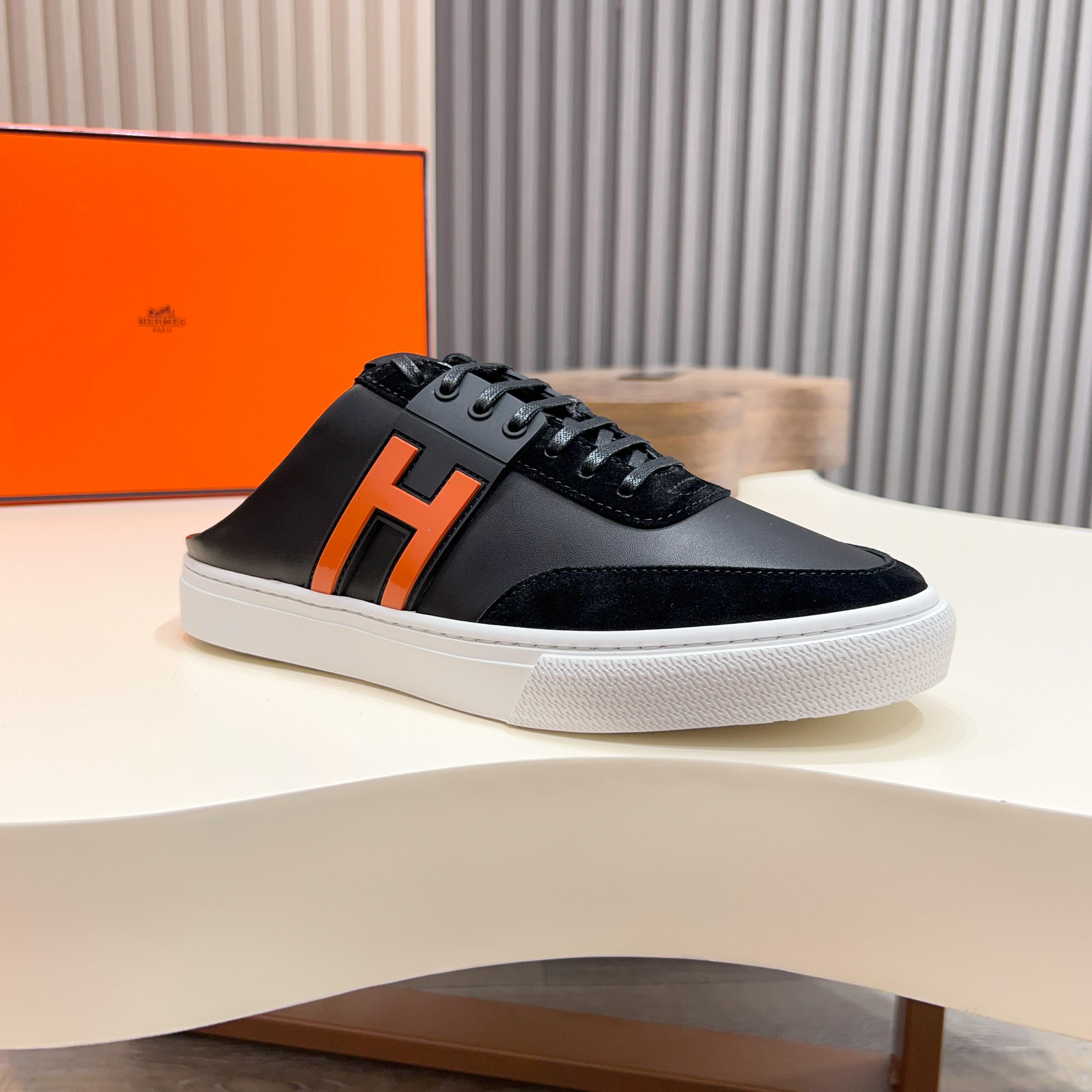Hermes Men's Black Leather Sneakers with Orange 'H' Logo - Sizes 39-44 6 a1744605418460 3851