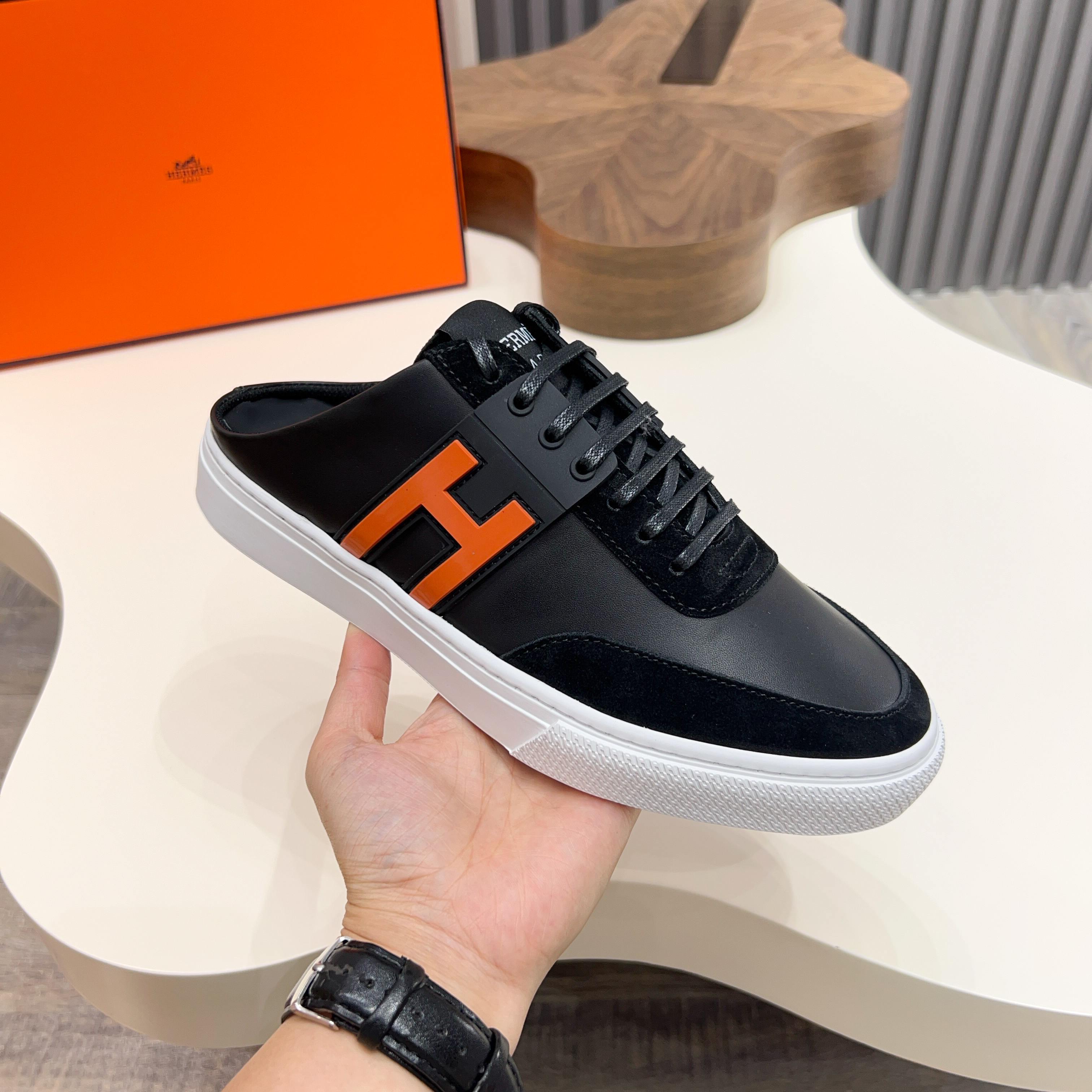 Hermes Men's Black Leather Sneakers with Orange 'H' Logo - Sizes 39-44 5 a1744605418499 0300