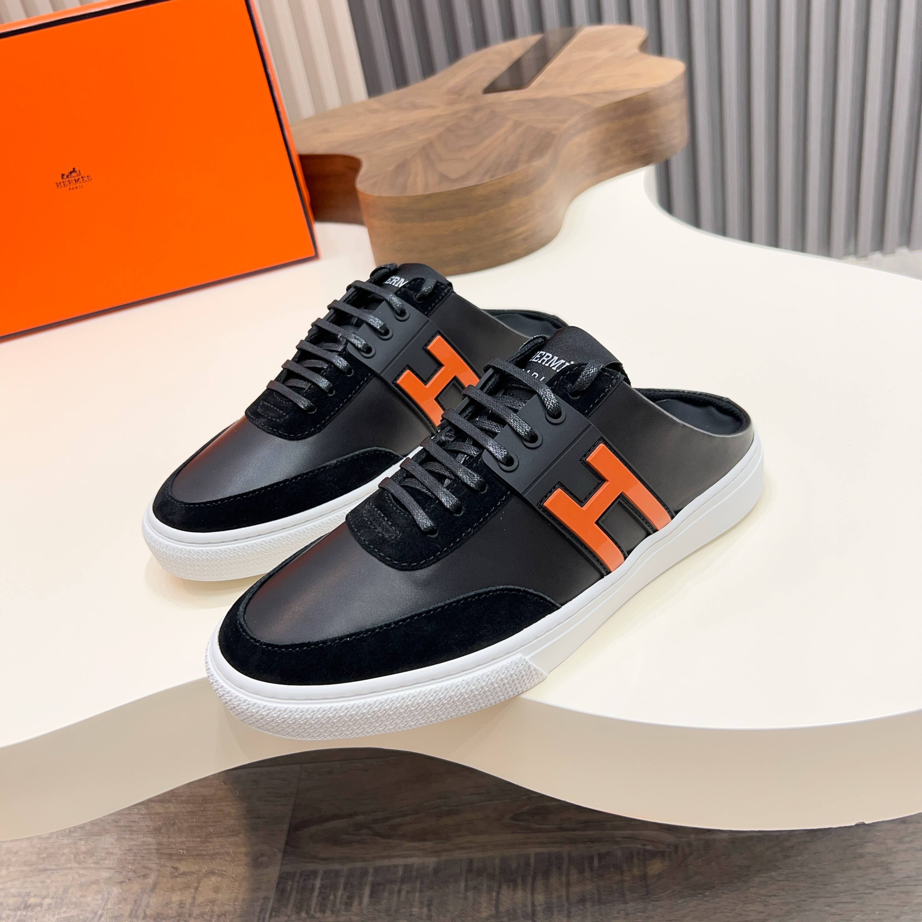 Hermes Men's Black Leather Sneakers with Orange 'H' Logo - Sizes 39-44 2 a1744605418544 2015