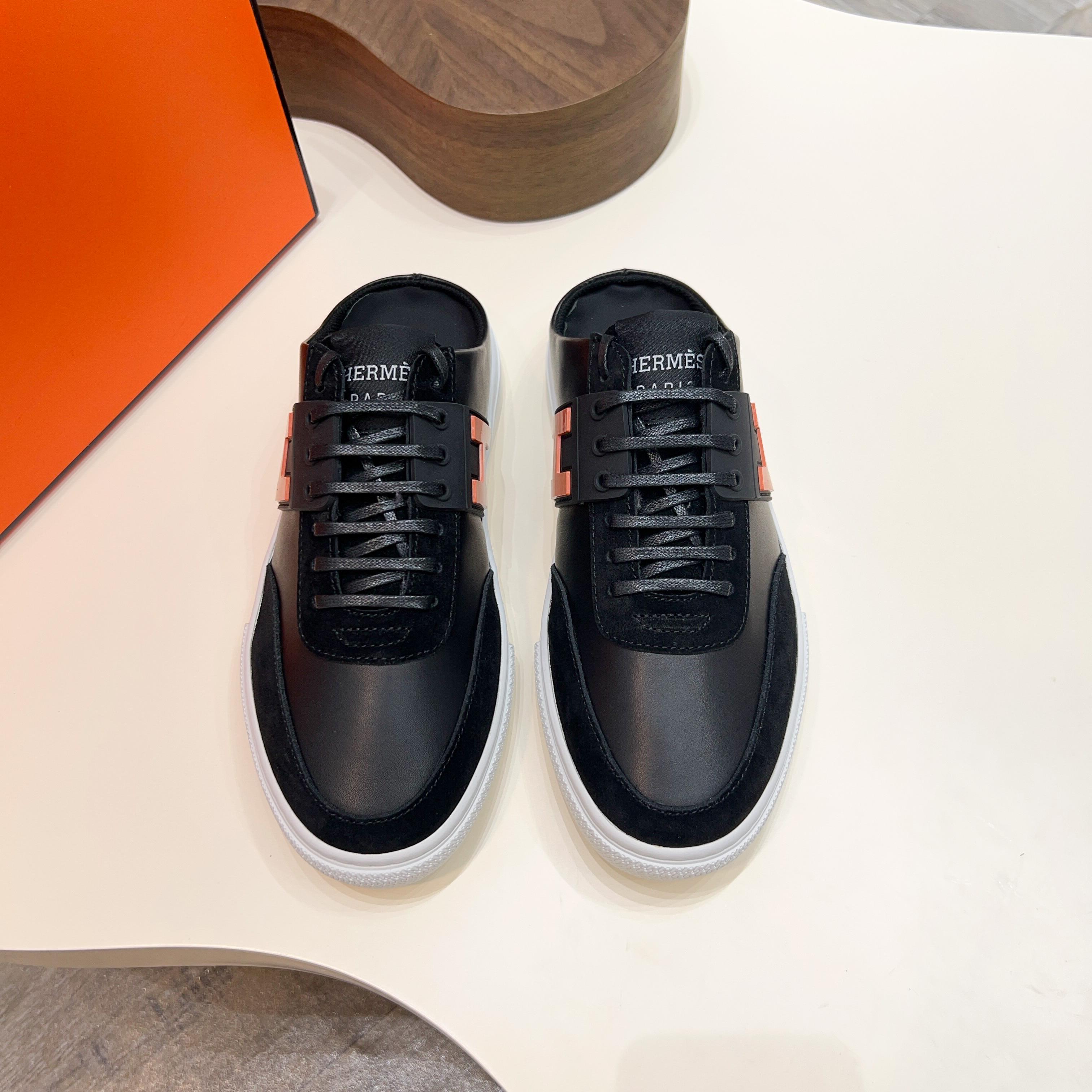 Hermes Men's Black Leather Sneakers with Orange 'H' Logo - Sizes 39-44 9 a1744605420310 7172