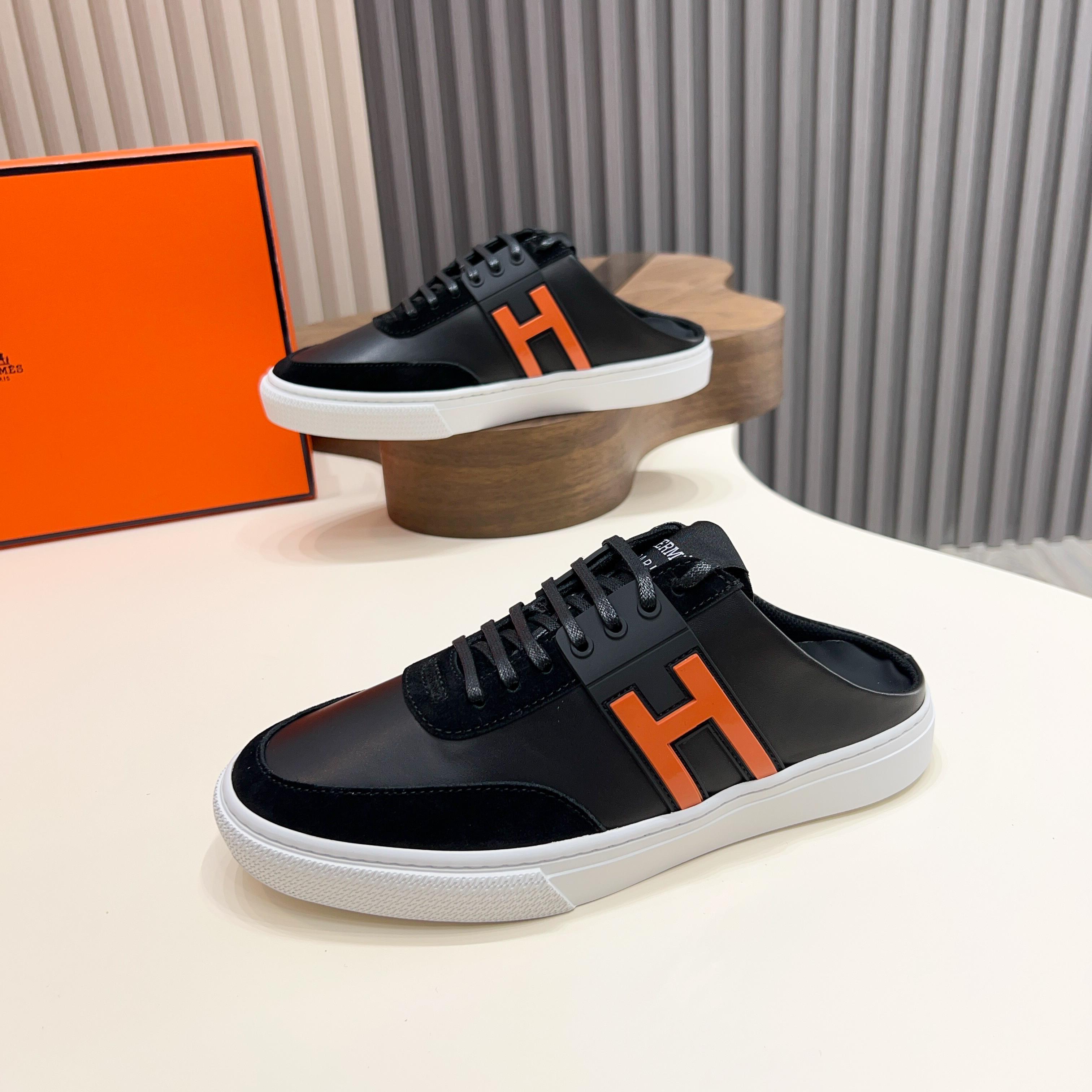 Hermes Men's Black Leather Sneakers with Orange 'H' Logo - Sizes 39-44 10 a1744605420328 0670