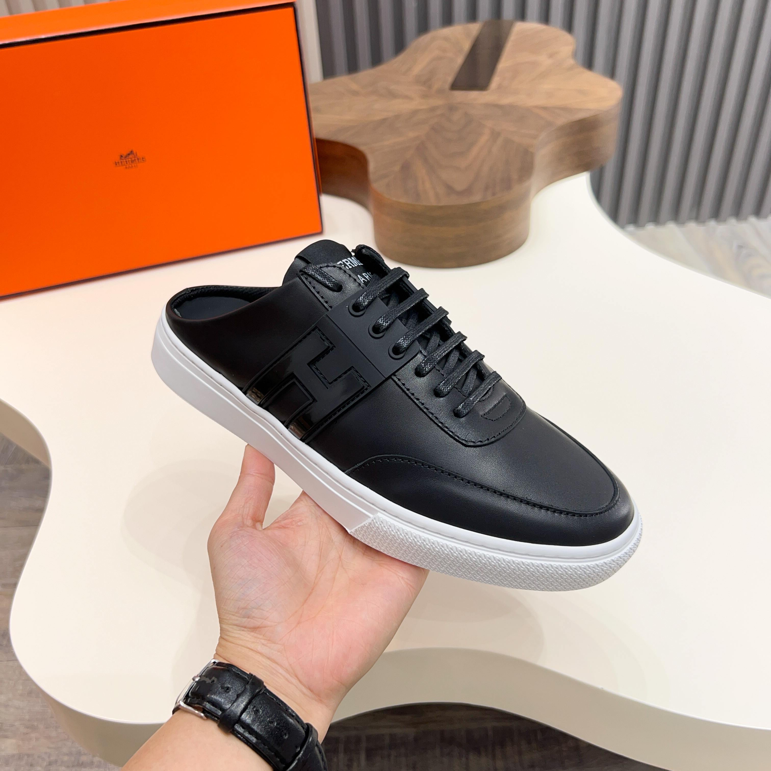 Hermes Men's Black Leather Casual Sneakers Slip-ons, Size 39-44 5 a1744605463036 1111