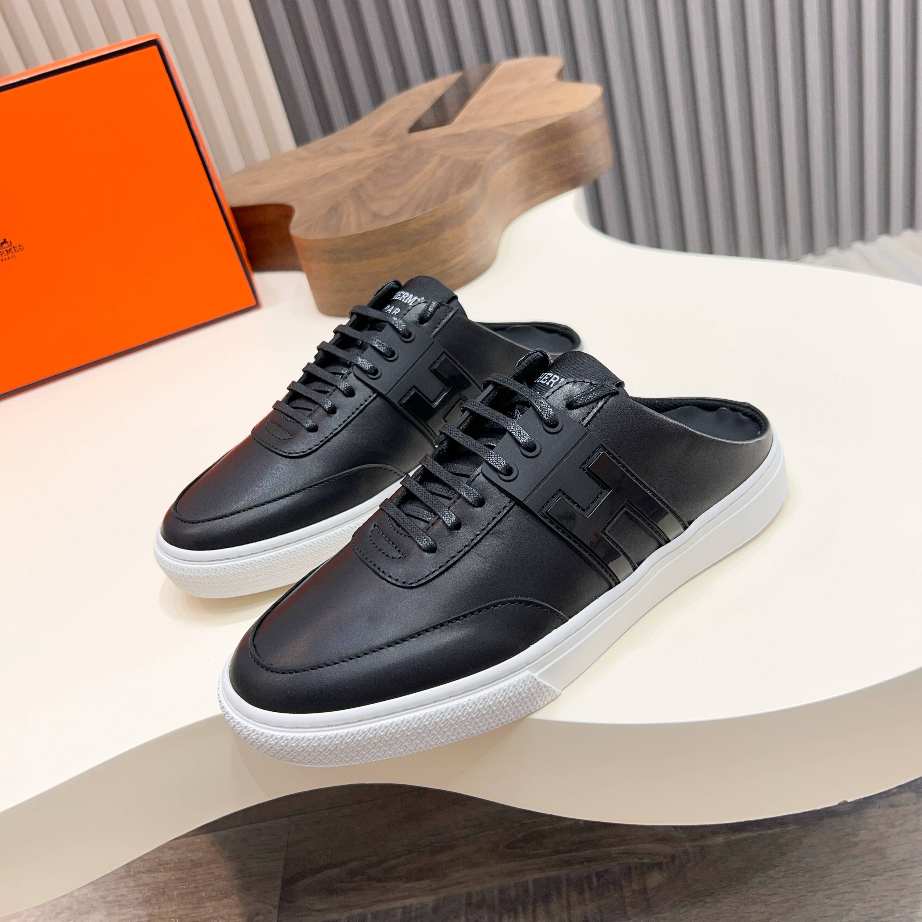 Hermes Men's Black Leather Casual Sneakers Slip-ons, Size 39-44 2 a1744605463182 8183
