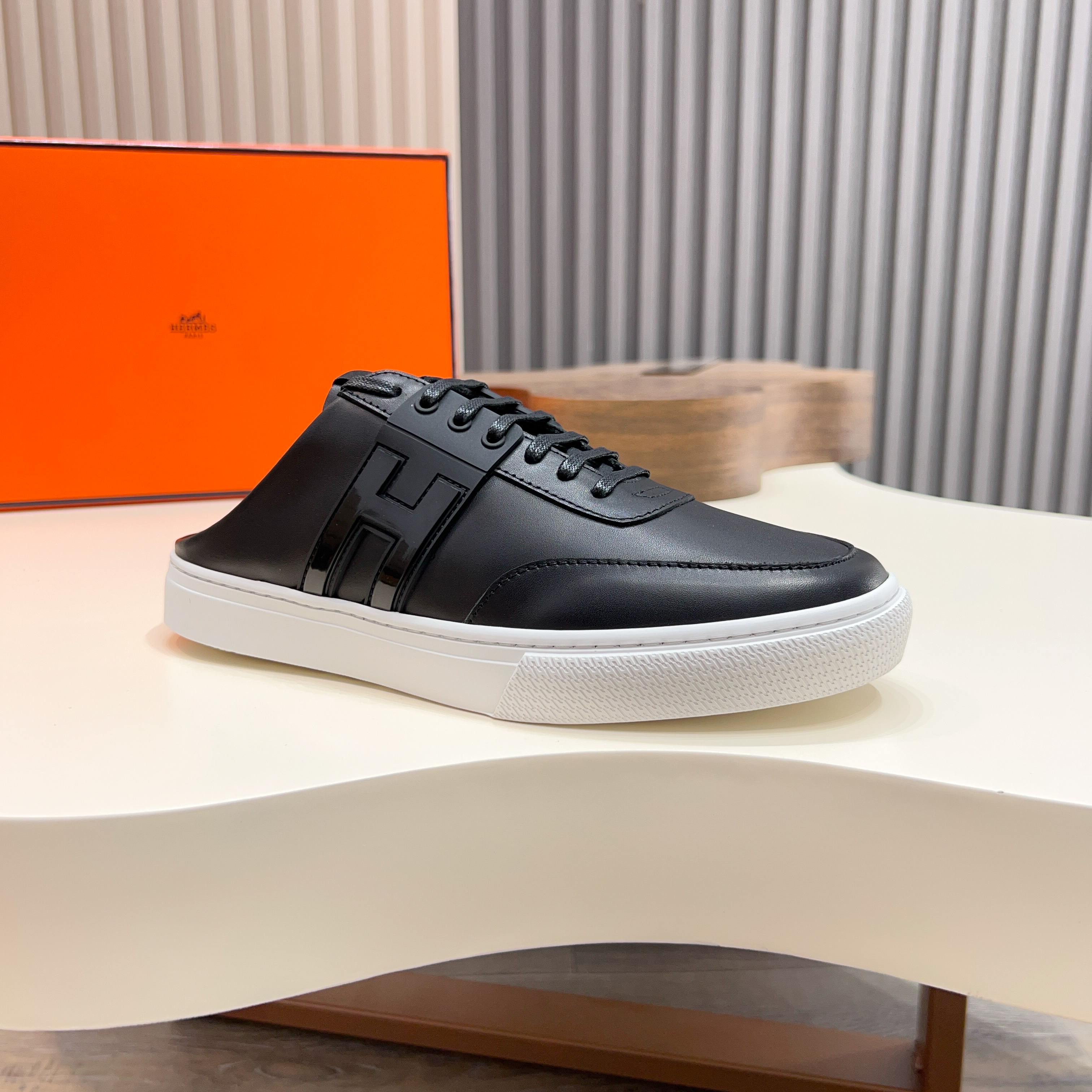 Hermes Men's Black Leather Casual Sneakers Slip-ons, Size 39-44 7 a1744605464932 4787