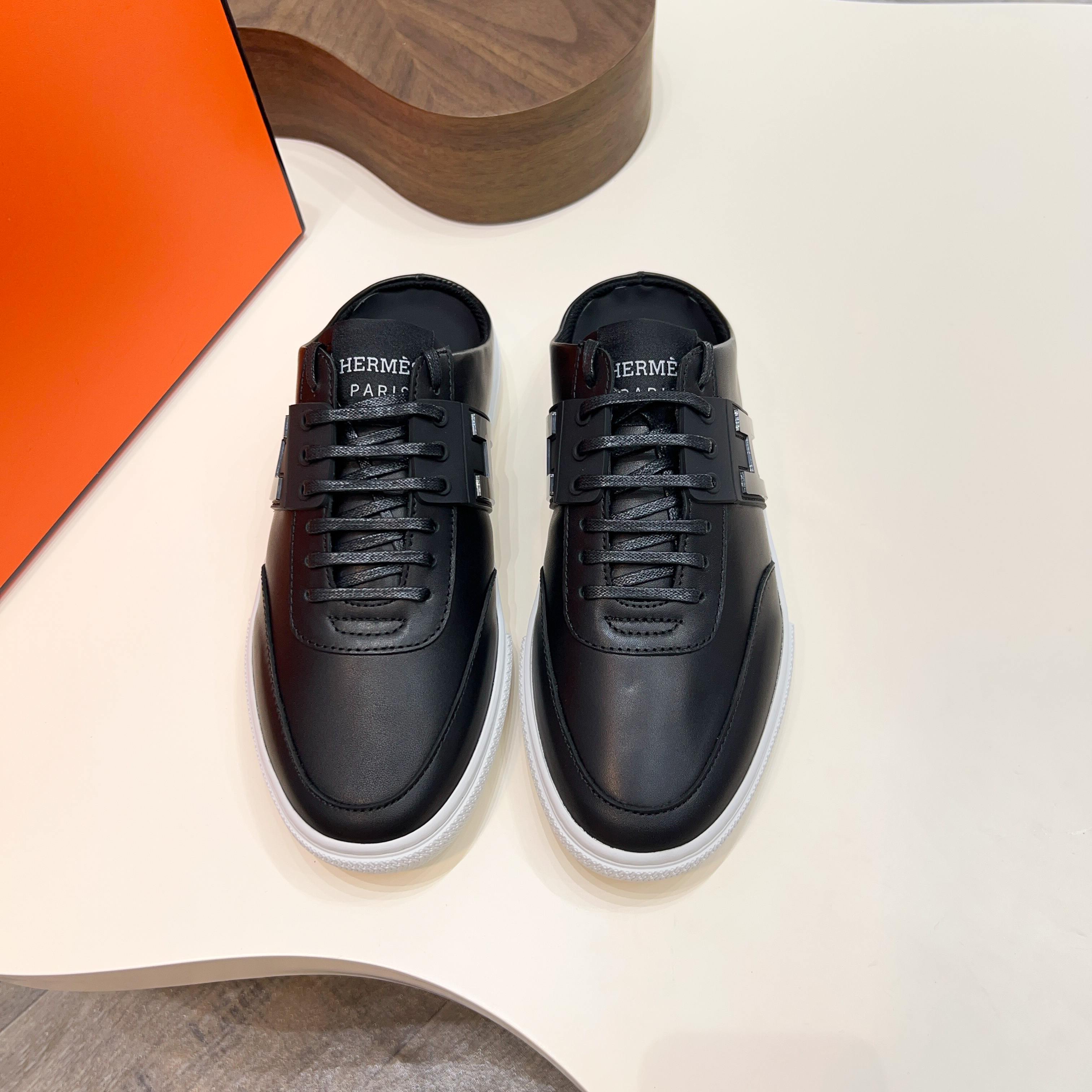 Hermes Men's Black Leather Casual Sneakers Slip-ons, Size 39-44 9 a1744605465209 3438