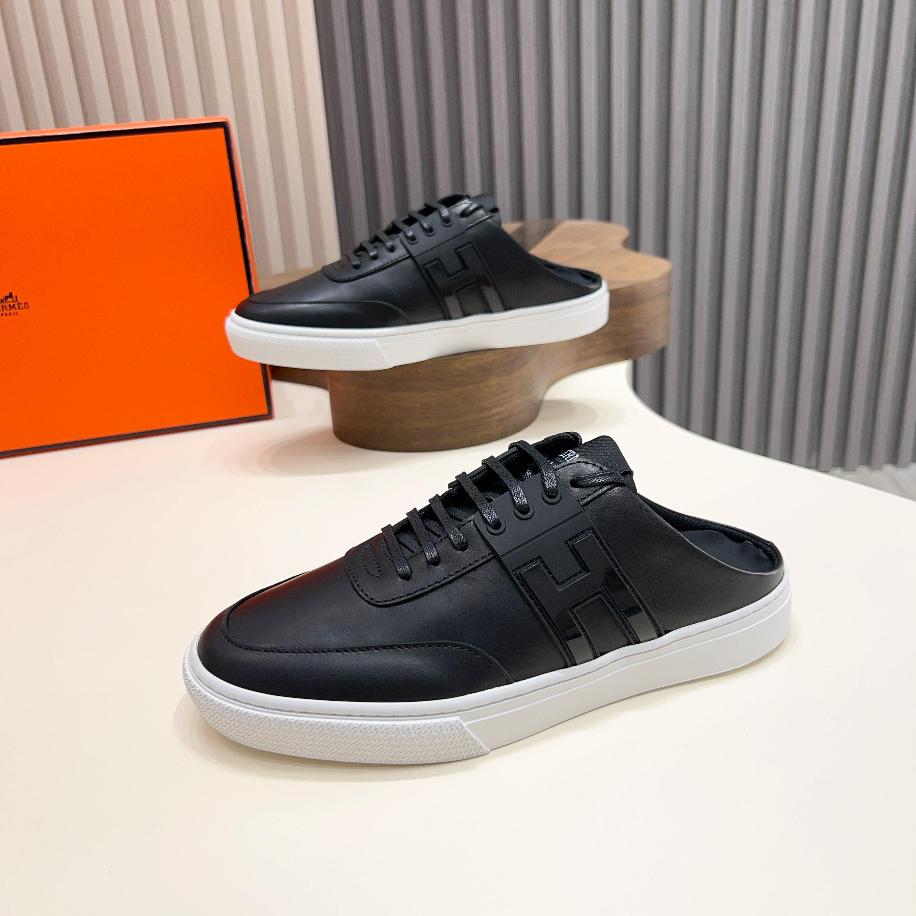 Hermes Men's Black Leather Casual Sneakers Slip-ons, Size 39-44 10 a1744605466263 6777