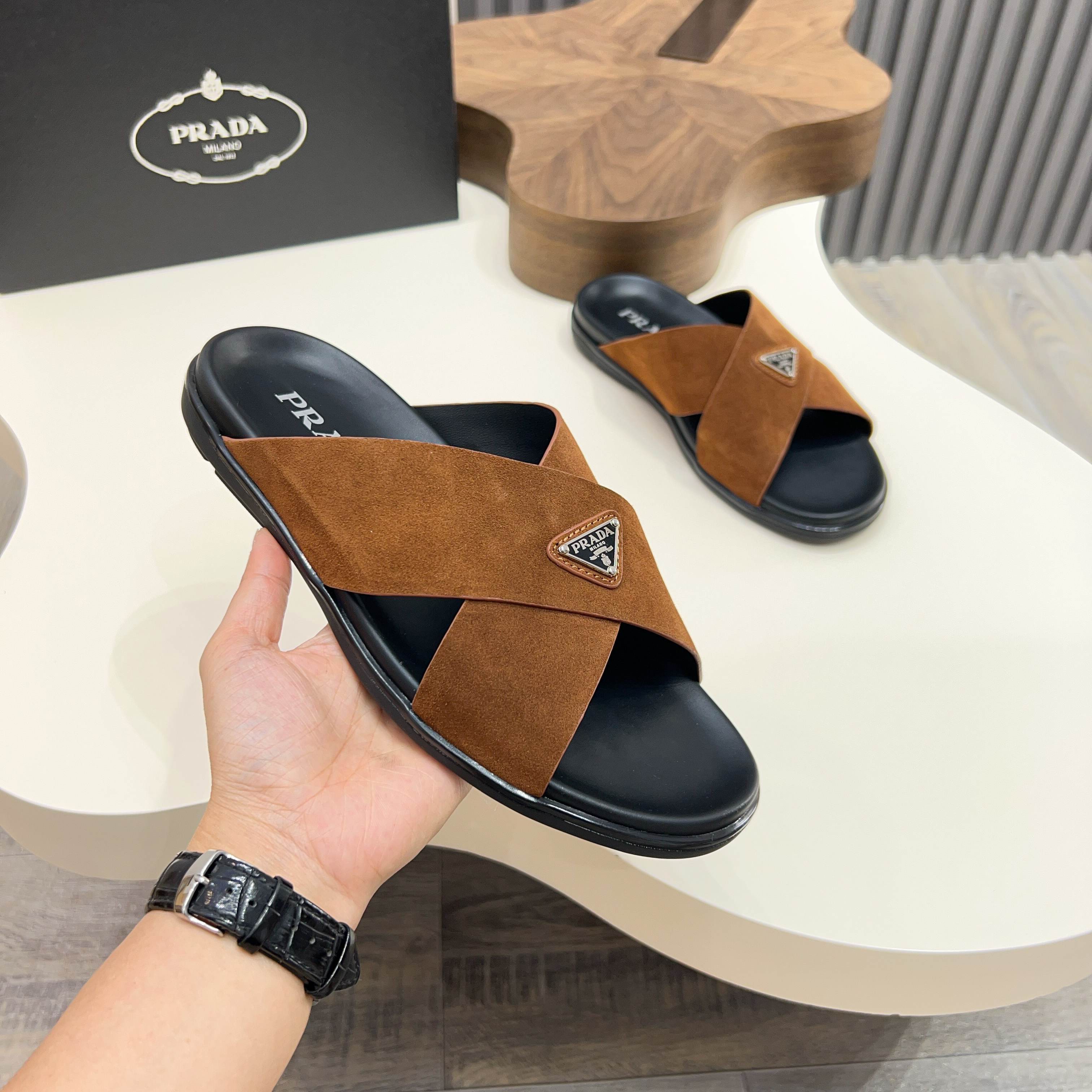Prada Men's Suede Leather Cross Strap Sandals Slides - Stylish & Comfortable 3 a1744897784447 3015