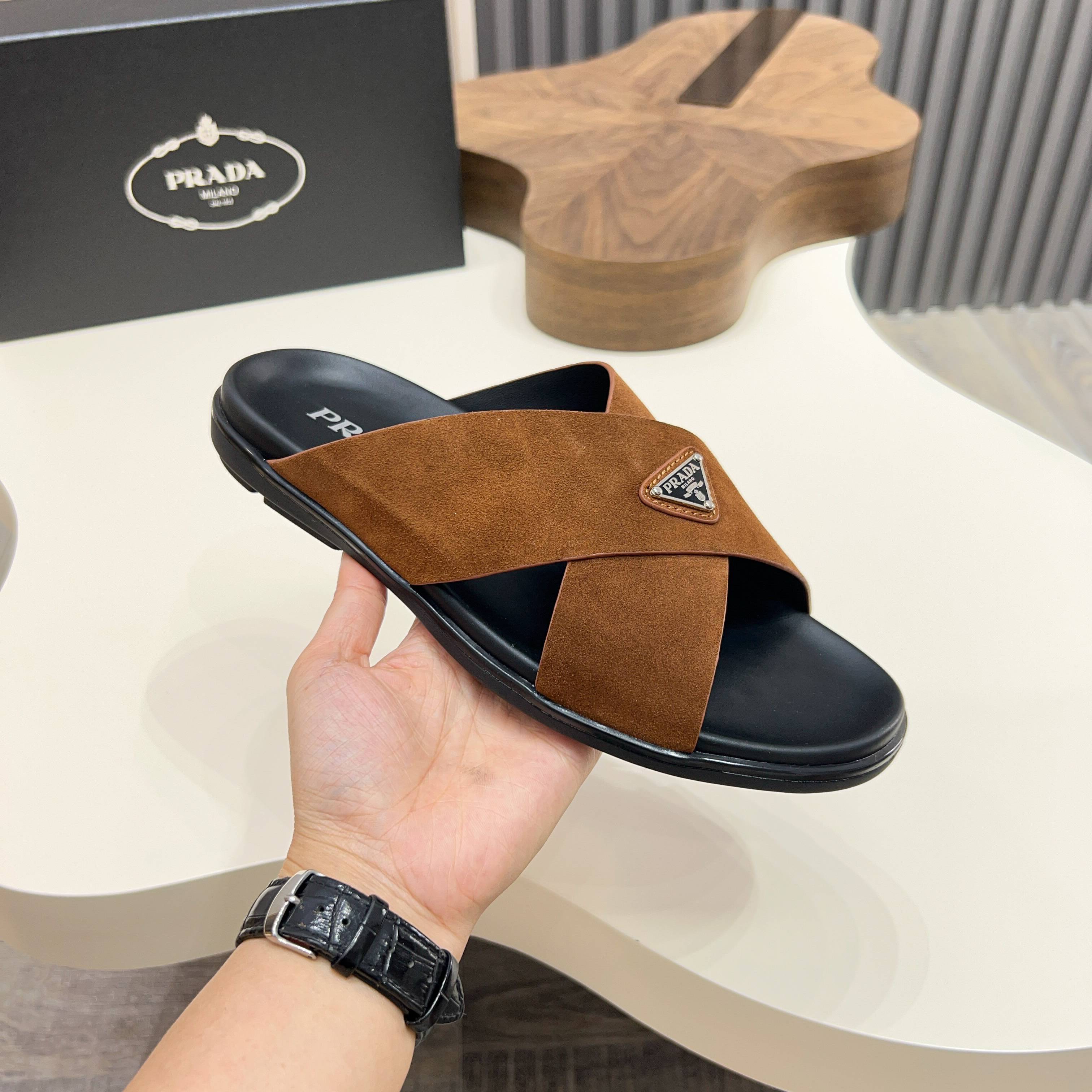 Prada Men's Suede Leather Cross Strap Sandals Slides - Stylish & Comfortable 5 a1744897784506 5453