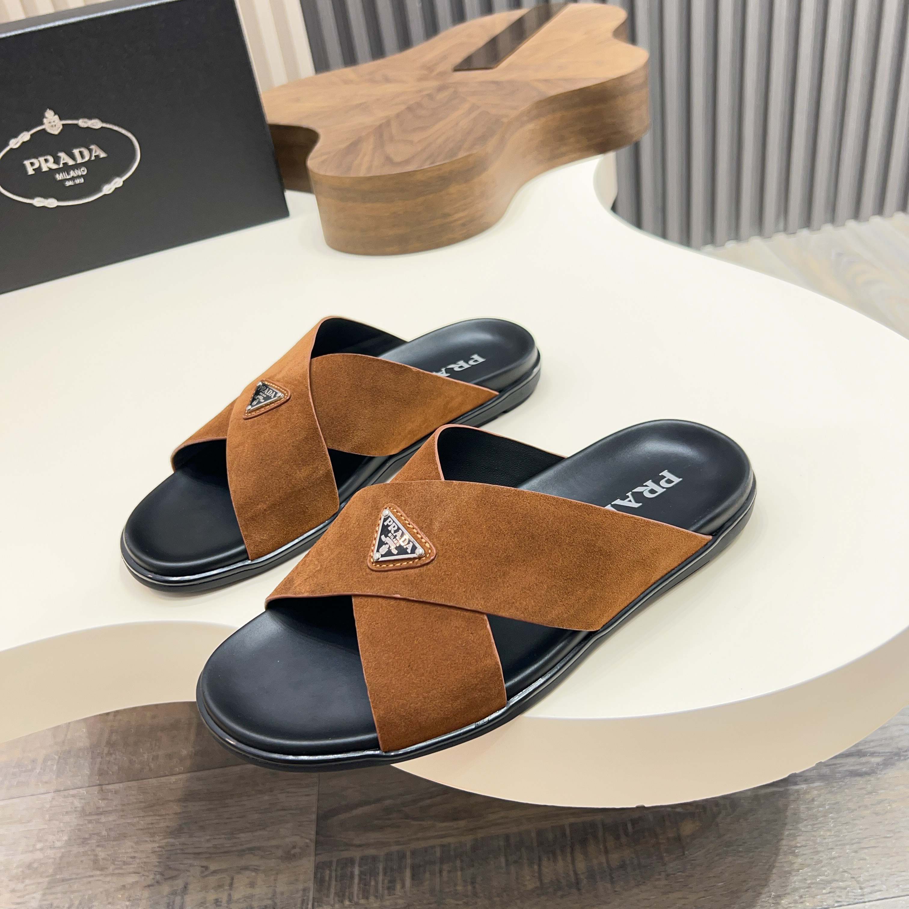 Prada Men's Suede Leather Cross Strap Sandals Slides - Stylish & Comfortable 2 a1744897784553 3388