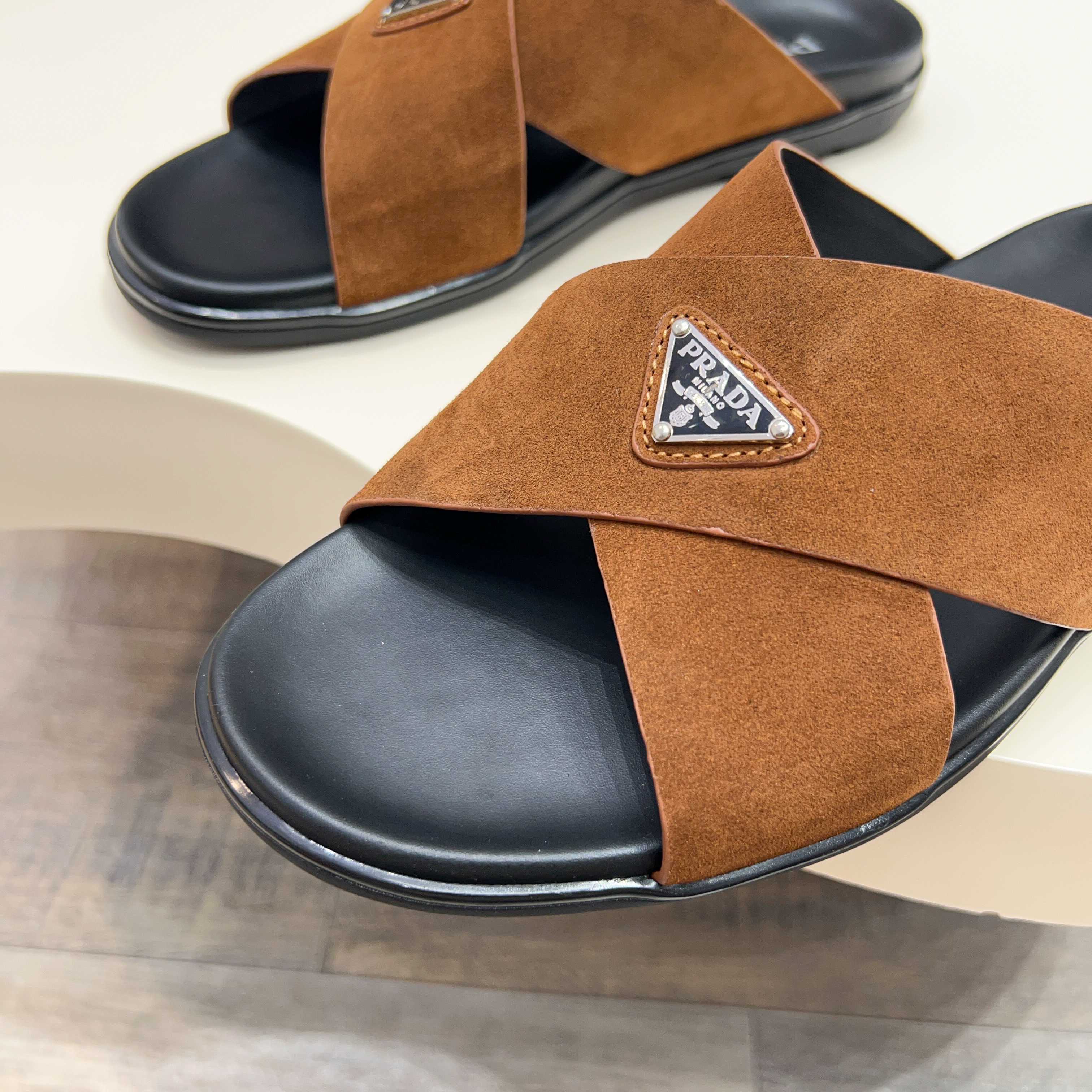 Prada Men's Suede Leather Cross Strap Sandals Slides - Stylish & Comfortable 9 a1744897784733 4467