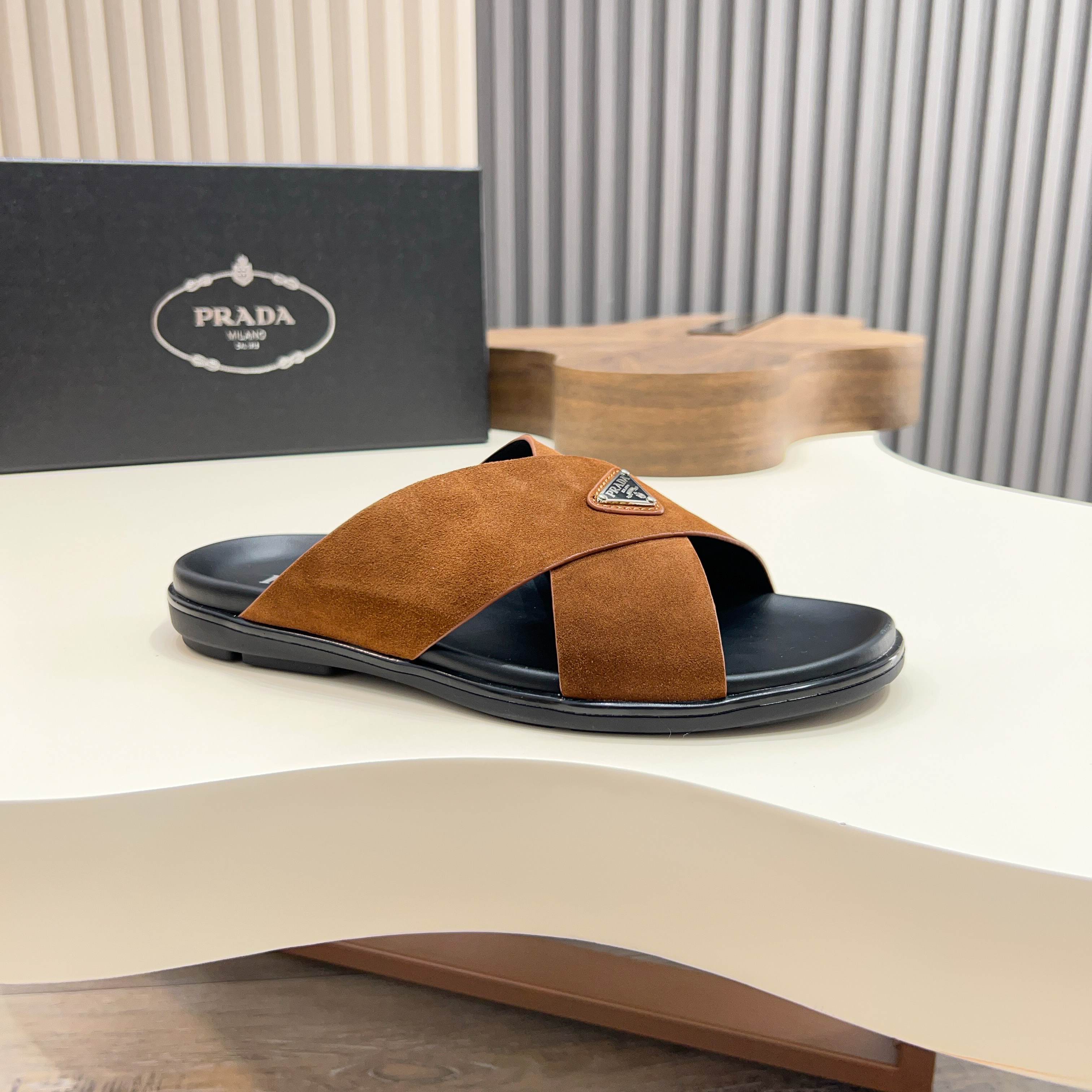 Prada Men's Suede Leather Cross Strap Sandals Slides - Stylish & Comfortable 11 a1744897787187 4578