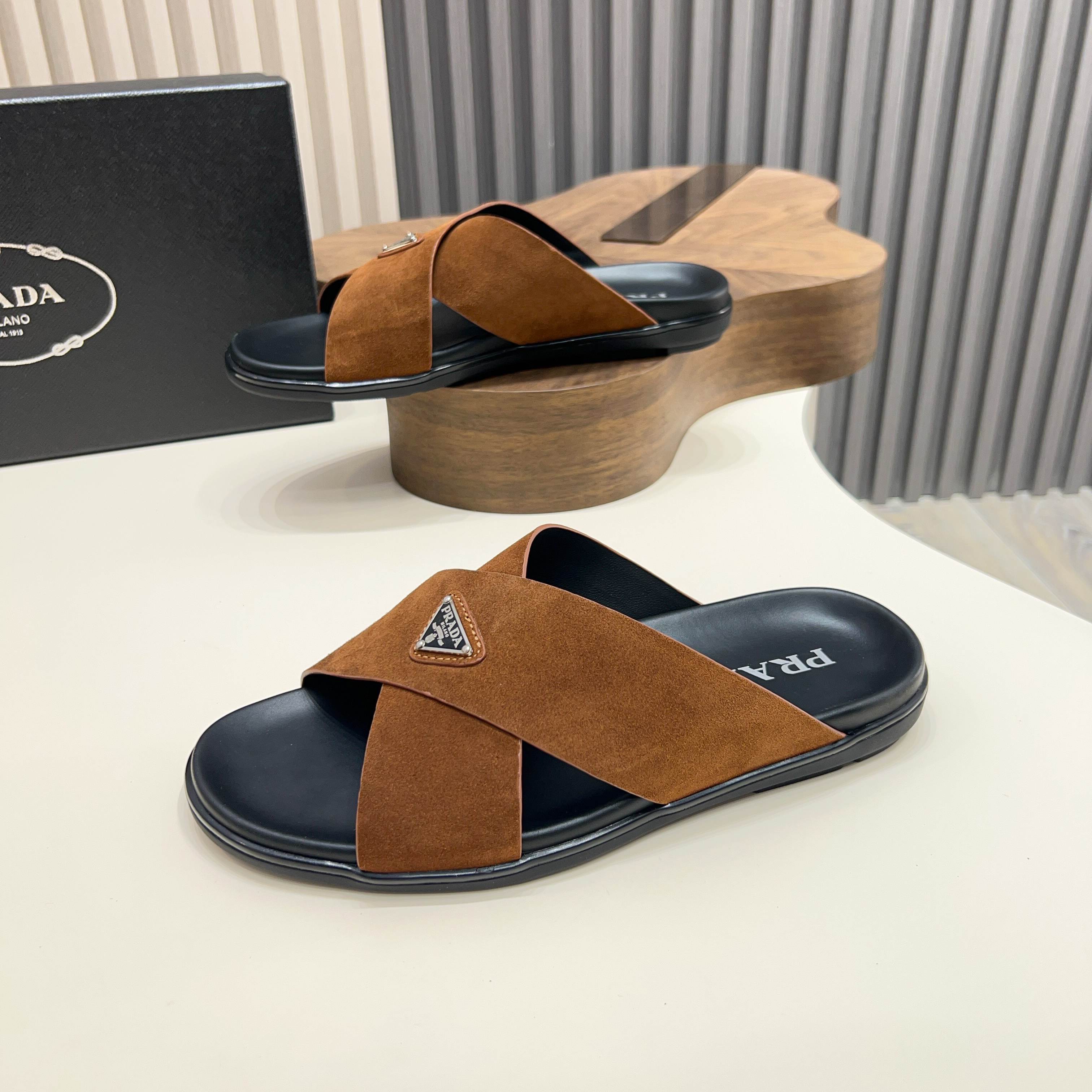 Prada Men's Suede Leather Cross Strap Sandals Slides - Stylish & Comfortable 10 a1744897787321 6736