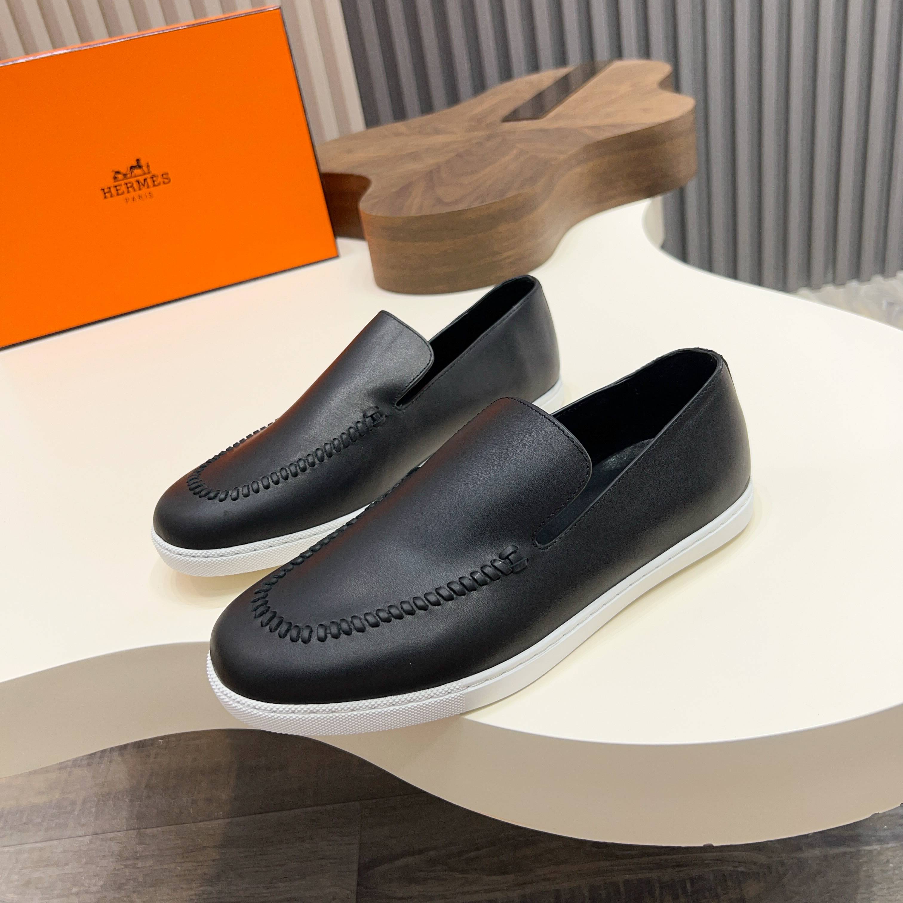 Hermes Men's Black Leather Loafers with Laser-Cut Detailing, Sizes 39-44 1 Hermes Men's Black Leather Loafers with Laser-Cut Detailing, Sizes 39-44