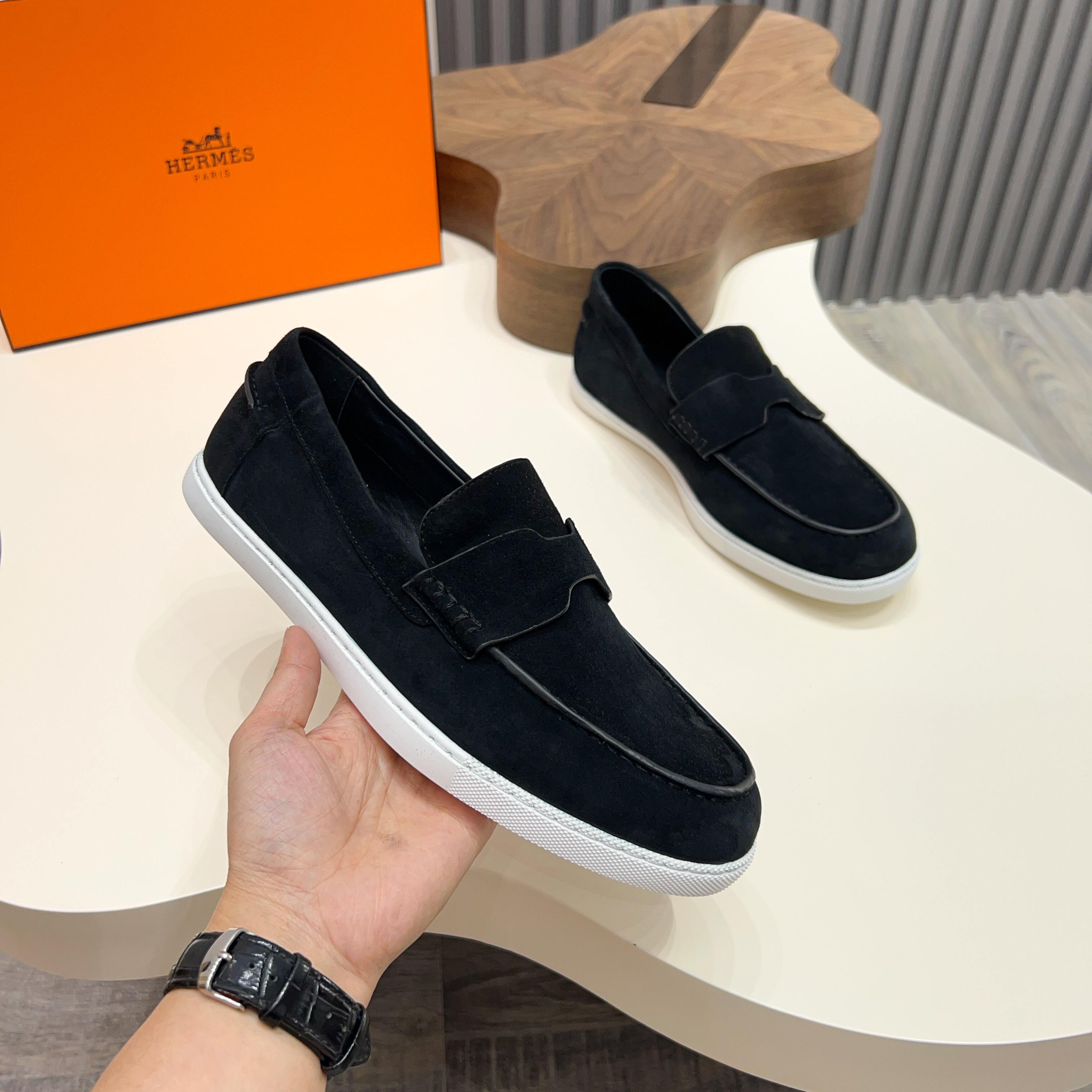 Hermes Men's Black Suede Leather Loafers Casual Slip On Shoes 3 a1744899229208 0538