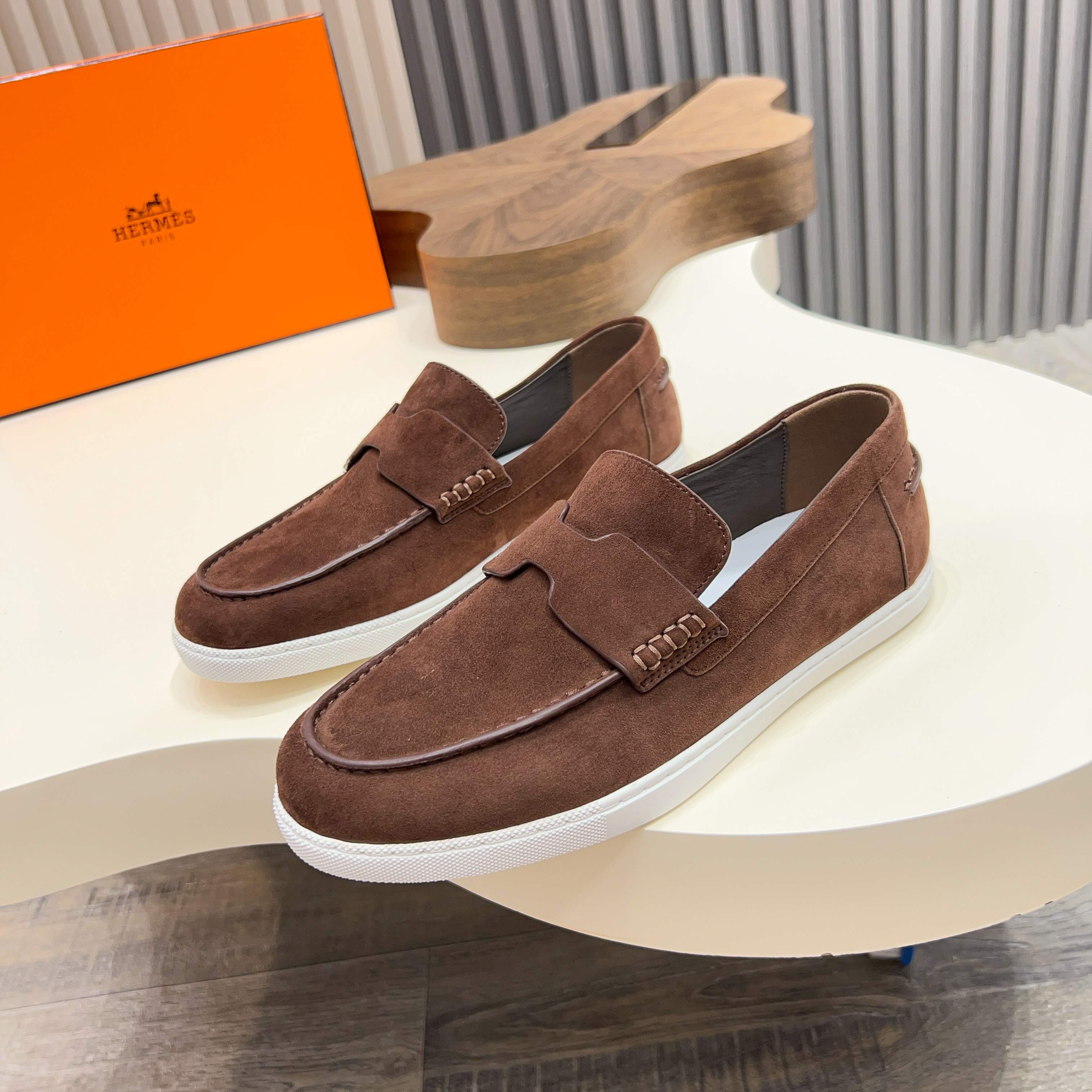 Hermes Men's Suede Loafers with Laser-Cut Detailing, Sizes 39-44 1 Hermes Men's Suede Loafers with Laser-Cut Detailing, Sizes 39-44