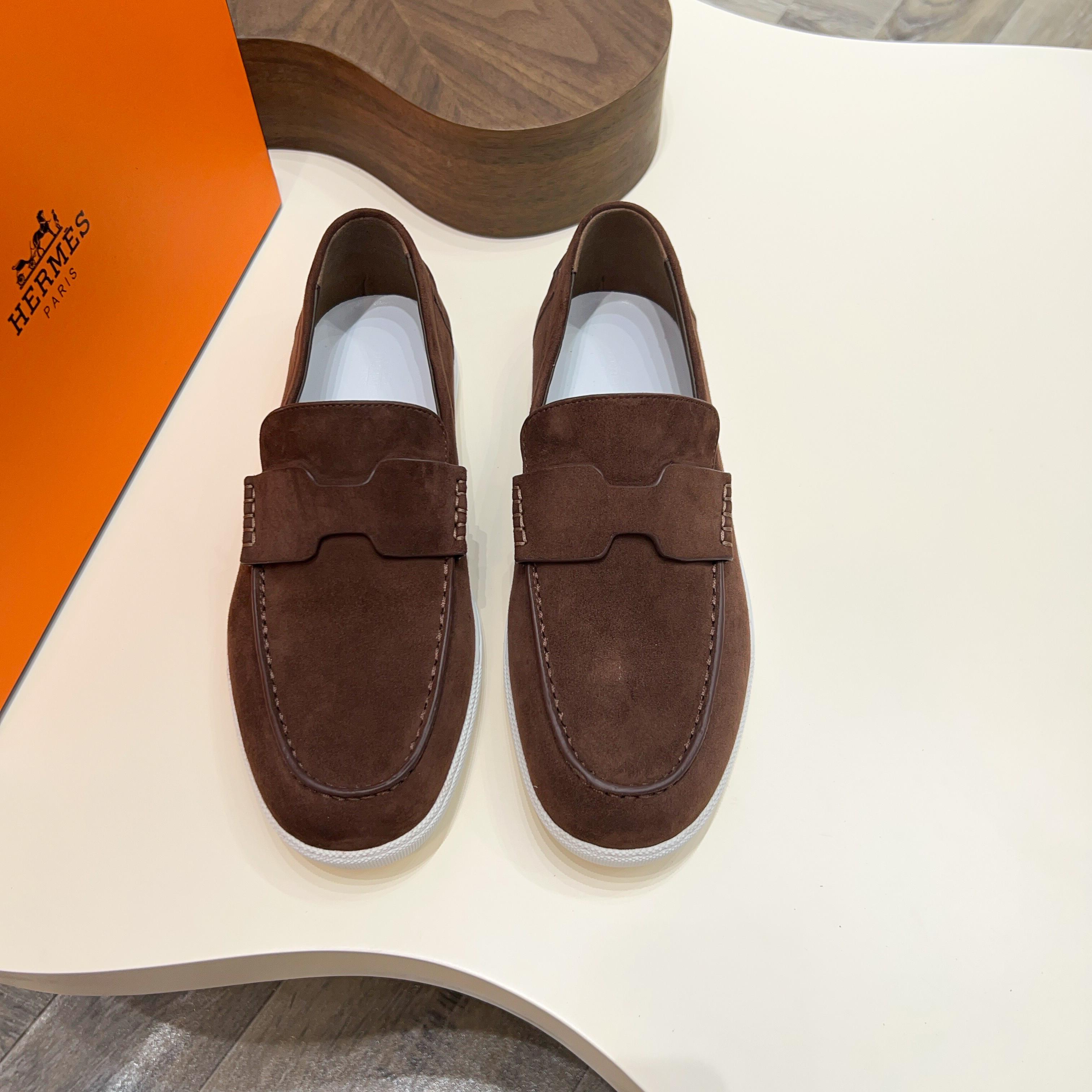Hermes Men's Suede Loafers with Laser-Cut Detailing, Sizes 39-44 10 a1744899253003 4456