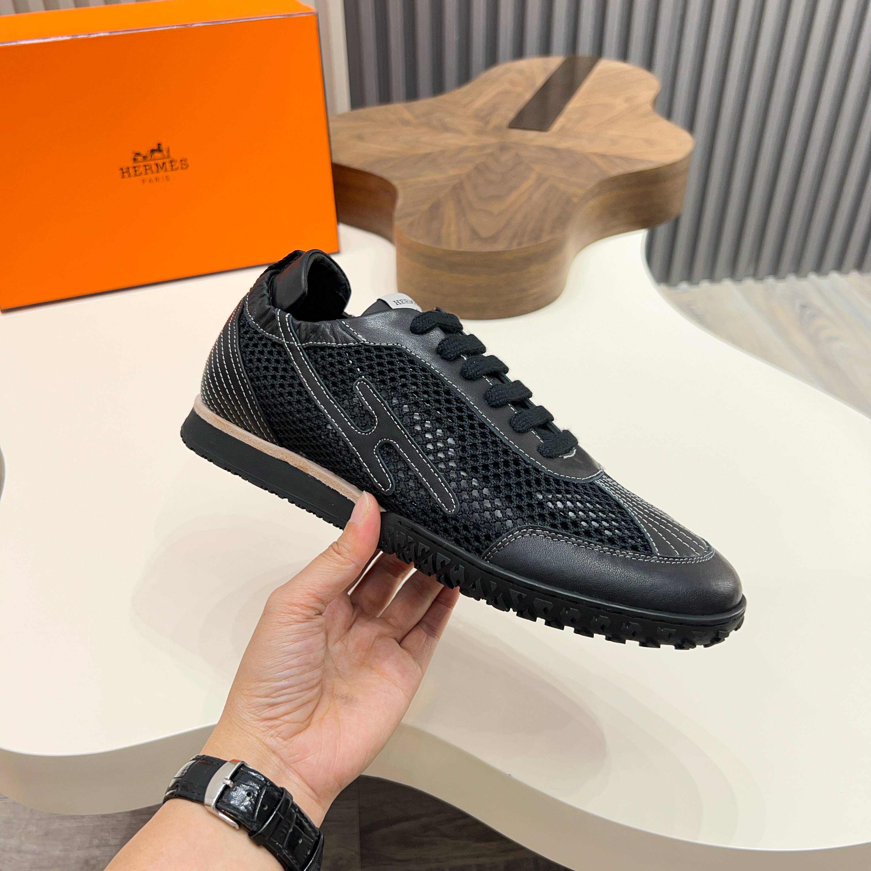 Hermes Men's Black Leather & Mesh Sneakers Designer Lace-Up Shoes 5 a1744899371465 8552