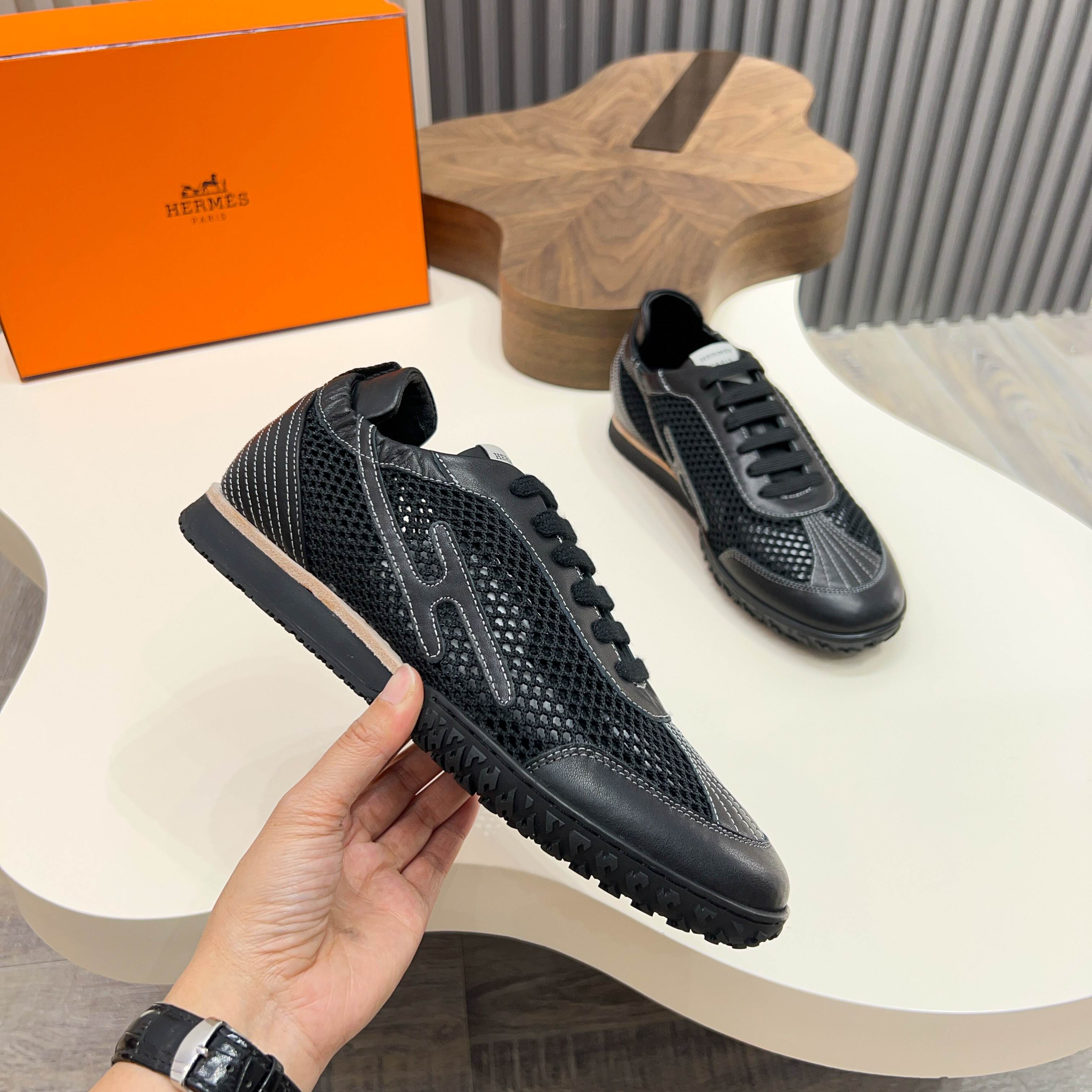 Hermes Men's Black Leather & Mesh Sneakers Designer Lace-Up Shoes 3 a1744899371476 6284