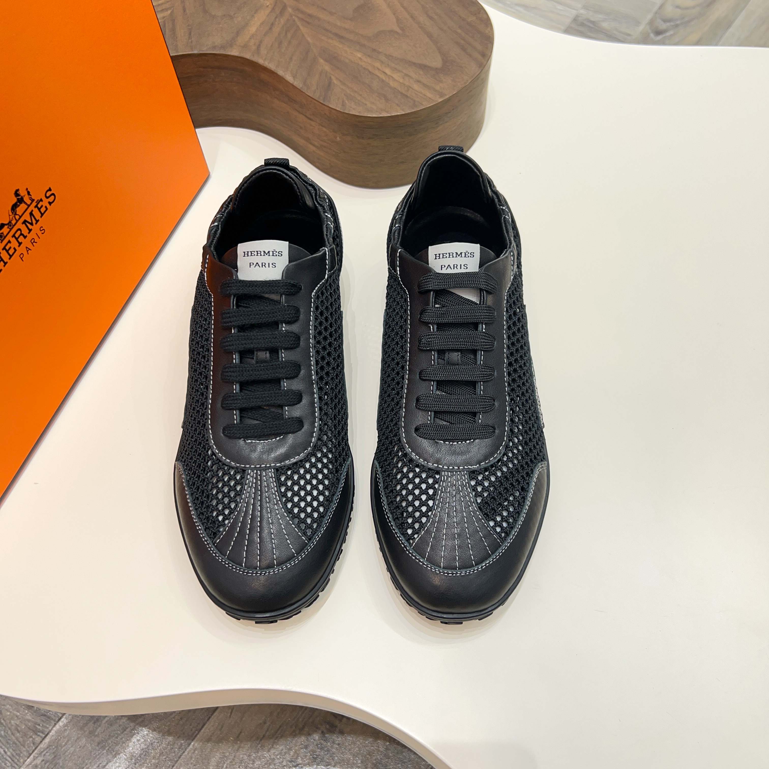 Hermes Men's Black Leather & Mesh Sneakers Designer Lace-Up Shoes 11 a1744899374001 3626