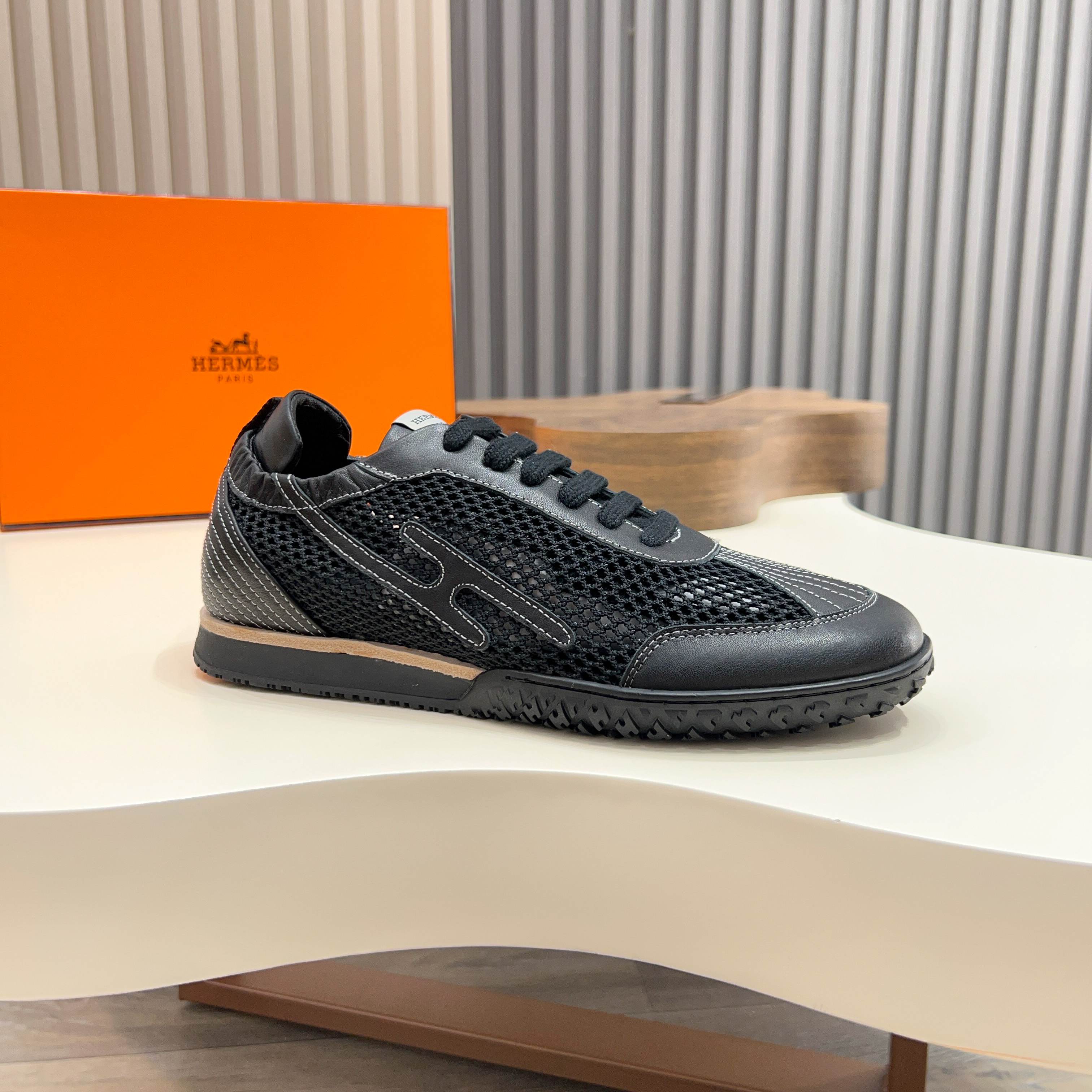 Hermes Men's Black Leather & Mesh Sneakers Designer Lace-Up Shoes 7 a1744899374146 4761