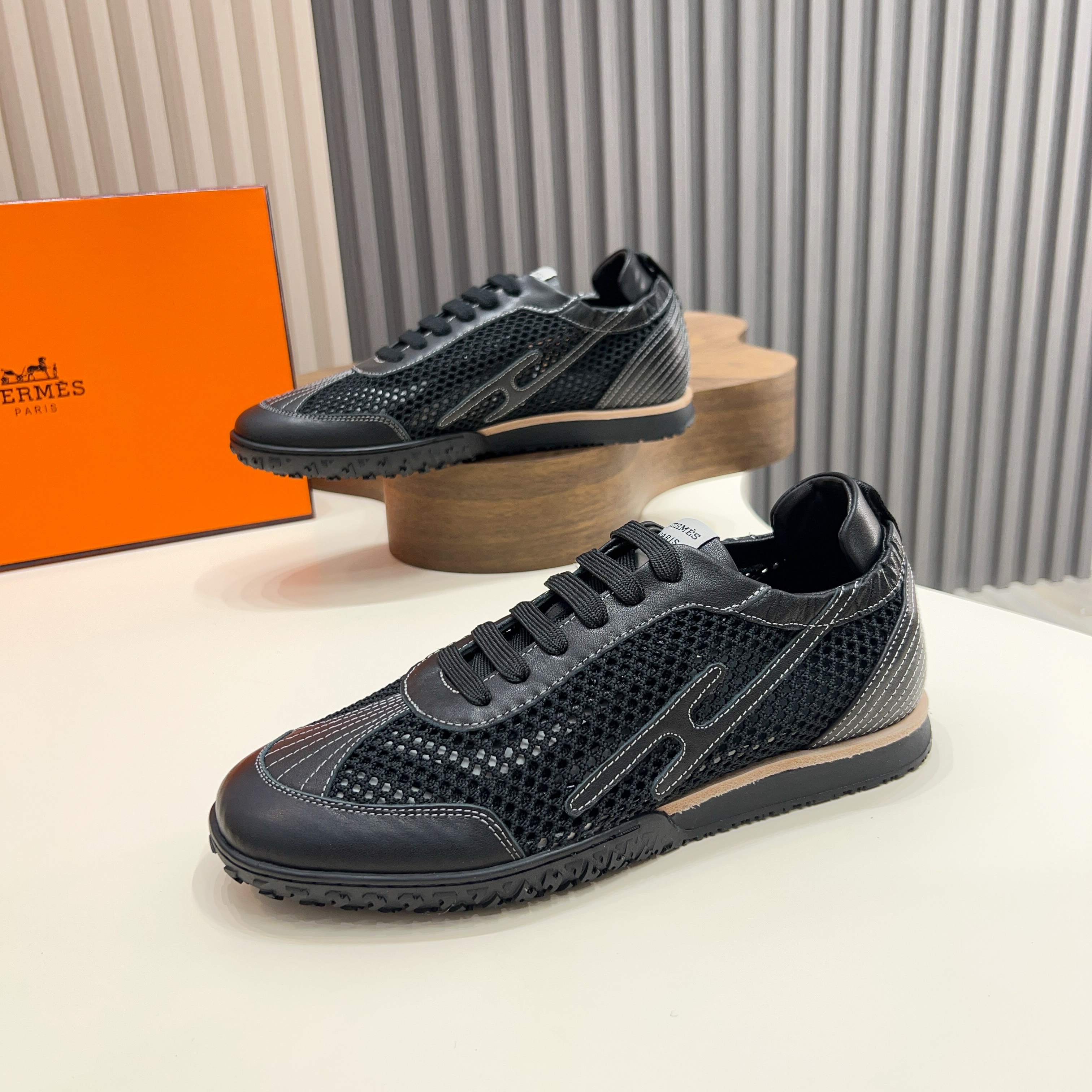 Hermes Men's Black Leather & Mesh Sneakers Designer Lace-Up Shoes 10 a1744899374173 6231