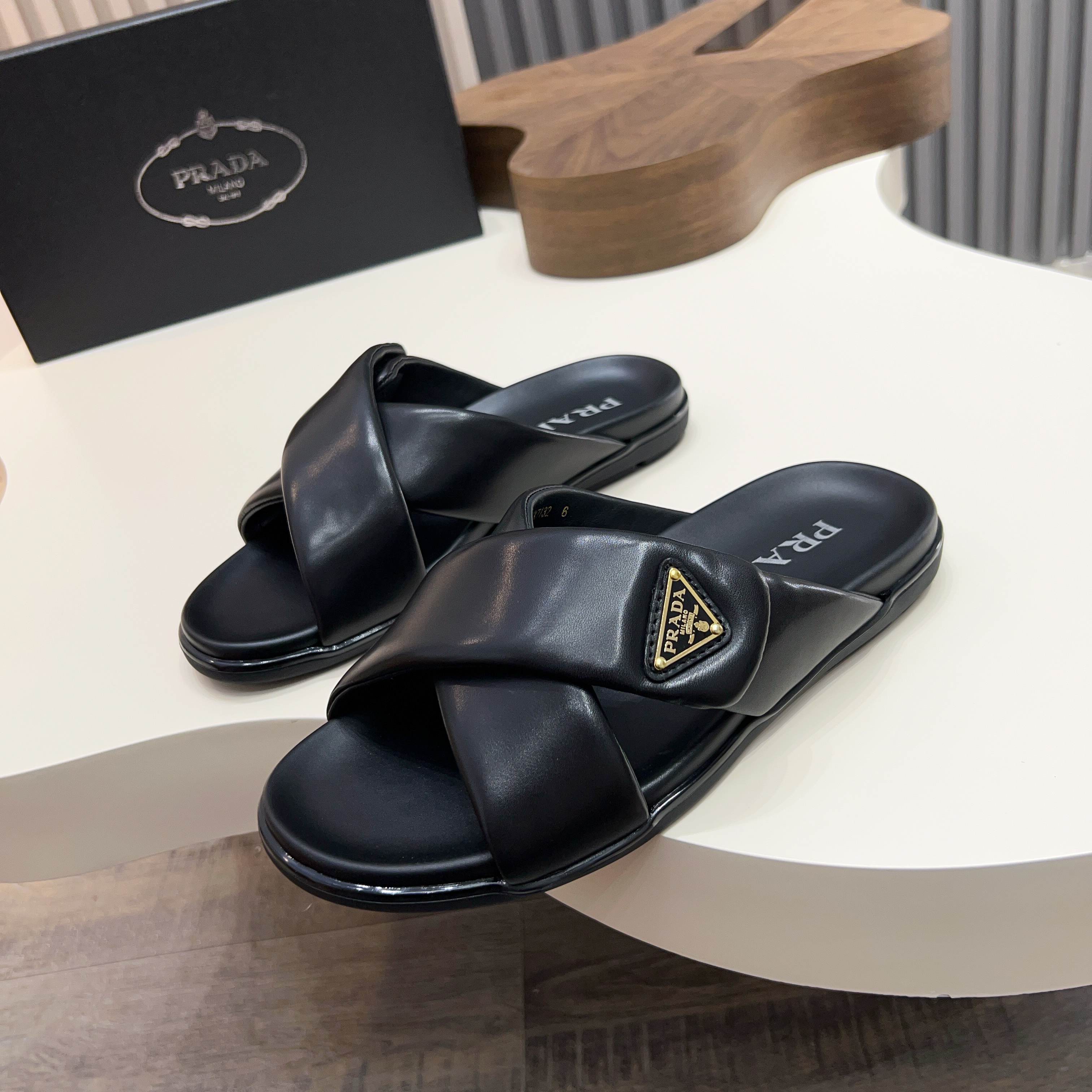 Prada Men's Lambskin Leather Crossover Sandals Slides Stylish & Comfortable