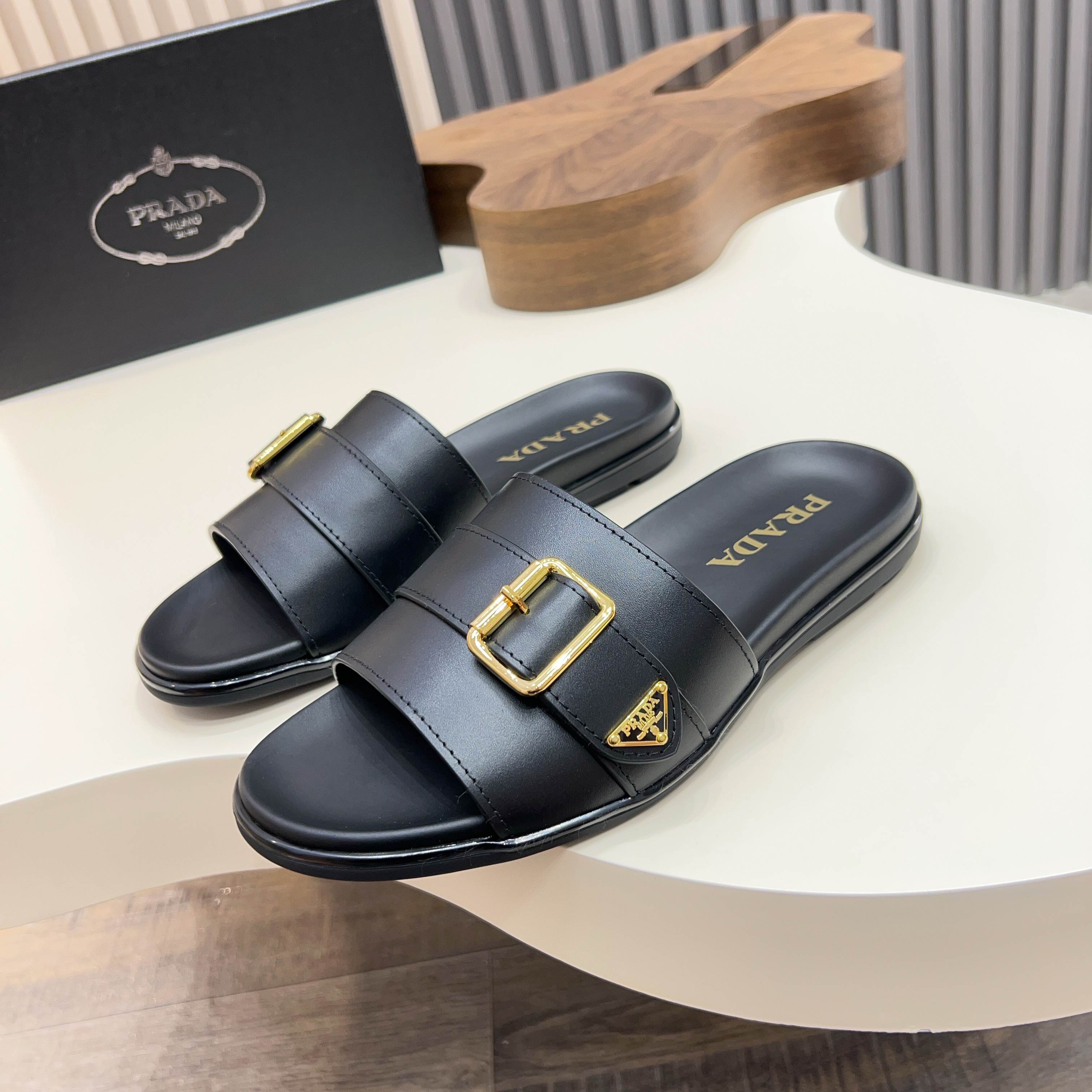 Prada Men's Leather Sandals Slides with Enamel Triangle Logo - Stylish & Comfy