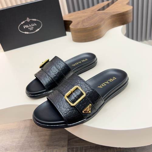 Prada Men's Leather Sandals Slides with Enamel Triangle Logo 1 Prada Men's Leather Sandals Slides with Enamel Triangle Logo