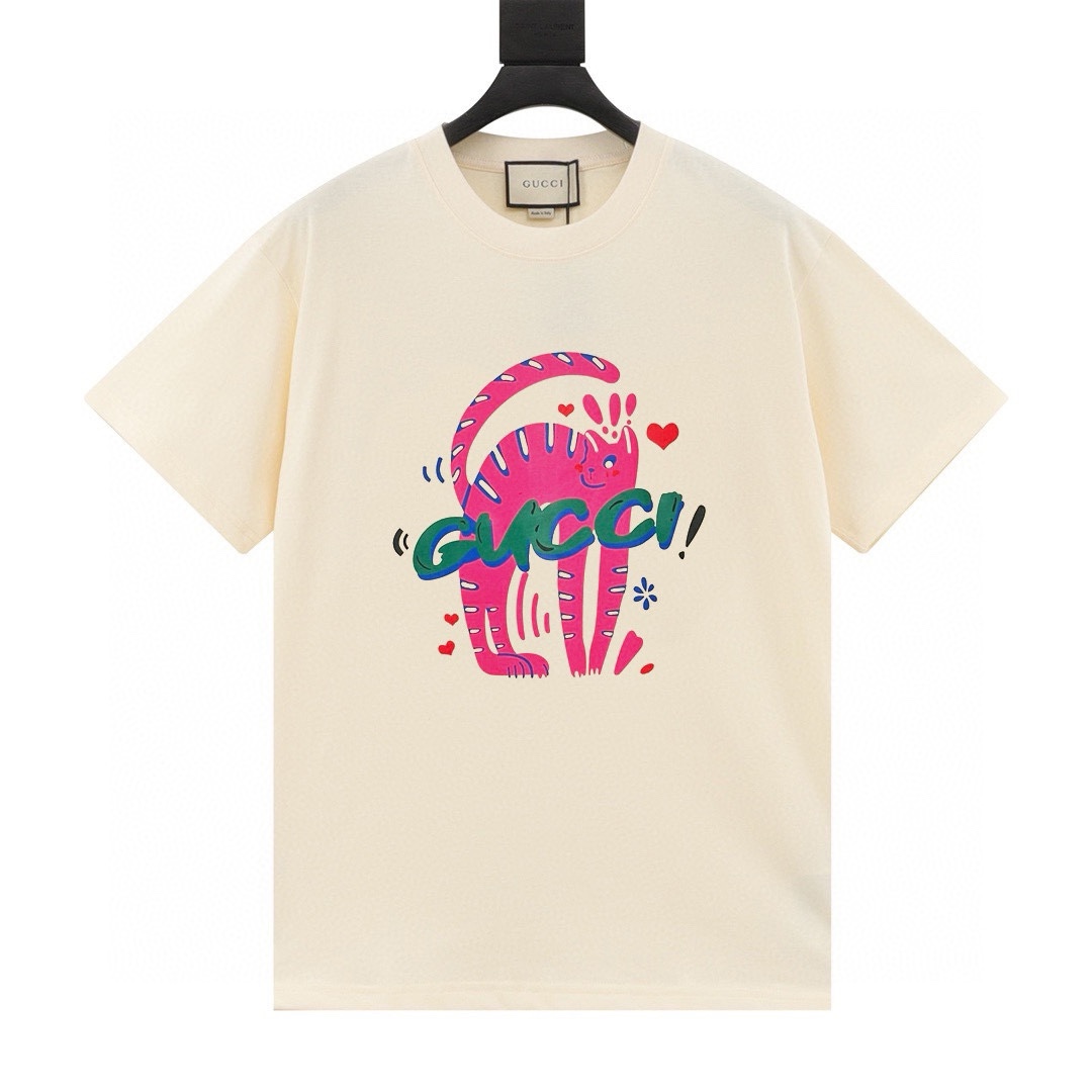 GUCCI/Gucci 24ss nueva colección de primavera temprana, camiseta de manga corta con estampado de gatito 🐱 de alto gram…
