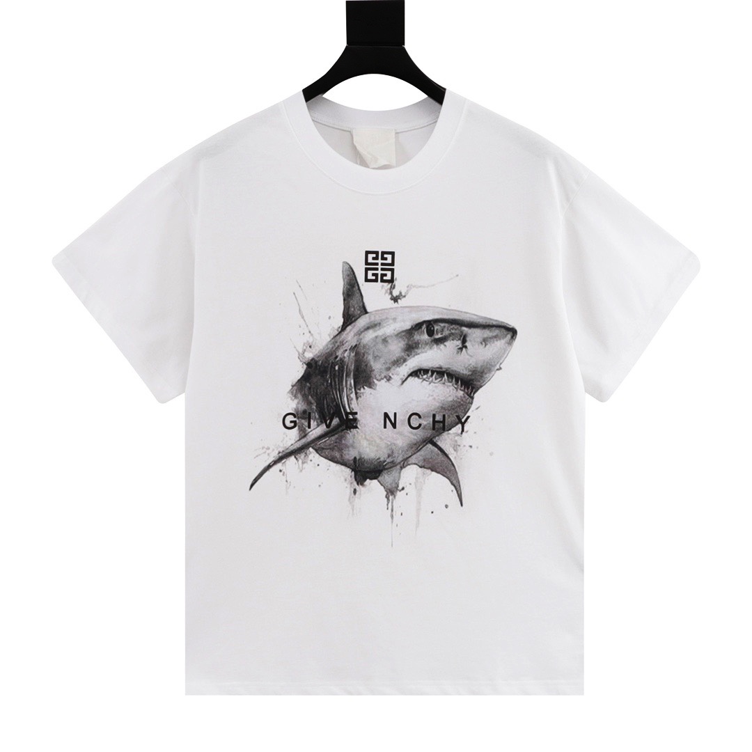GIVENCHY/Givenchy gran tiburón blanco estampado de manga corta. Telas personalizadas. Tejido lavado 100% algodón peinad…