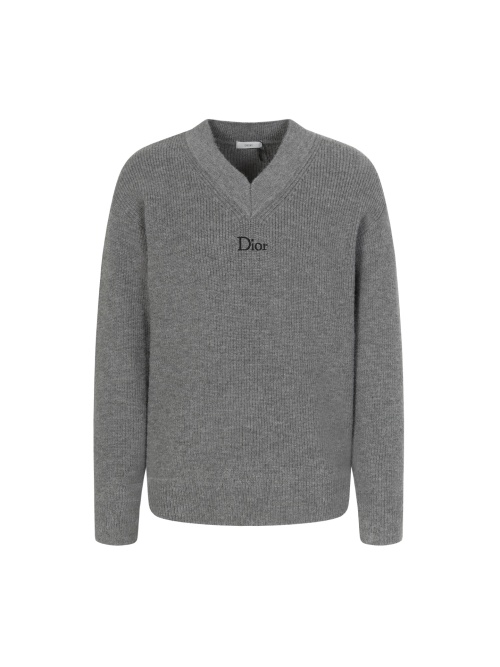 Dior Grey Wool Blend V-Neck Knit Sweater with Embroidered Logo 1 Dior Grey Wool Blend V-Neck Knit Sweater with Embroidered Logo