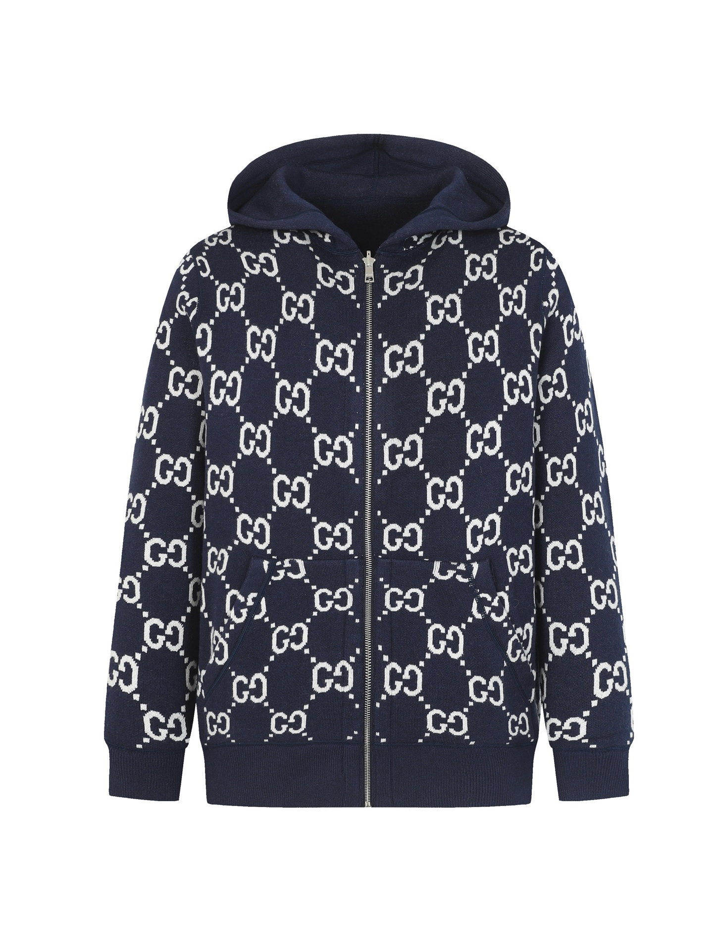 Gucci Navy Knitwear Jersey Zip-Up Hoodie with GG Motif