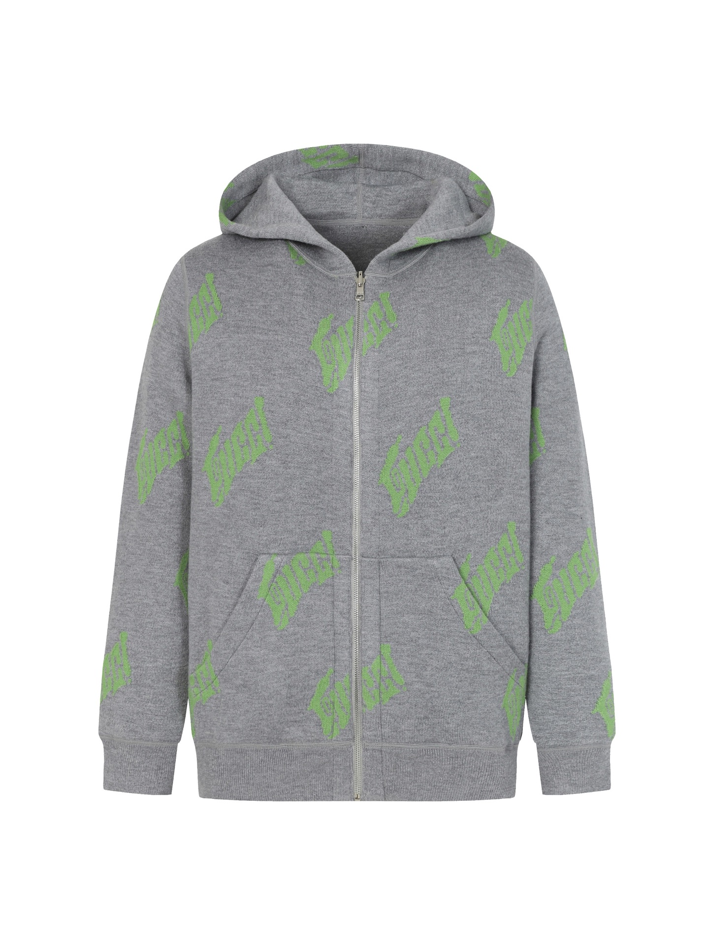 Gucci Grey Knitwear Jersey Zip-Up Hoodie with Green Logo Print