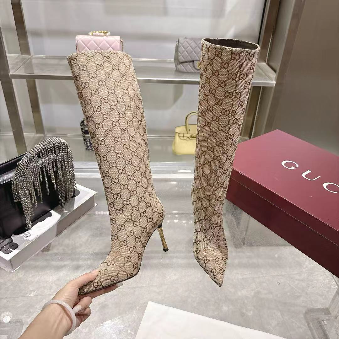 GUCCI Beige GG Bombshell Knee High Boots