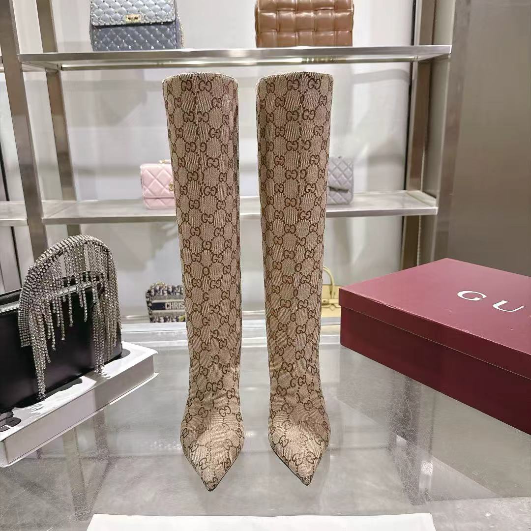 GUCCI Beige GG Bombshell Knee High Boots