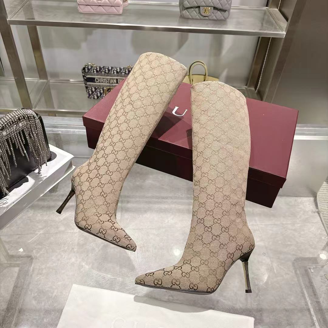 GUCCI Beige GG Bombshell Knee High Boots
