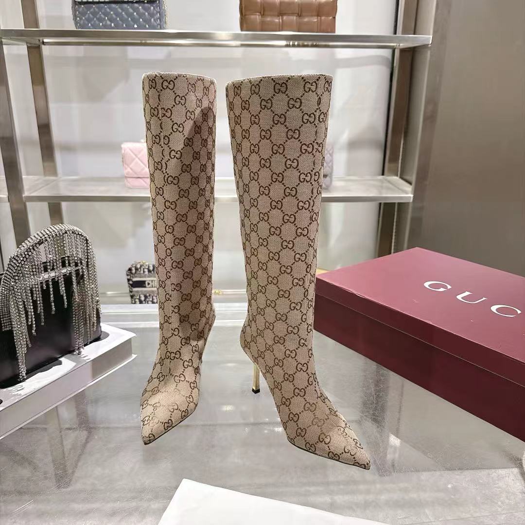 GUCCI Beige GG Bombshell Knee High Boots