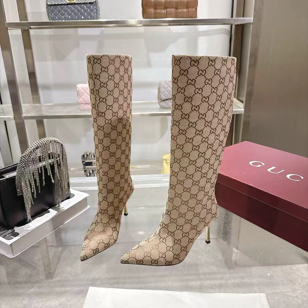 GUCCI Beige GG Bombshell Knee High Boots
