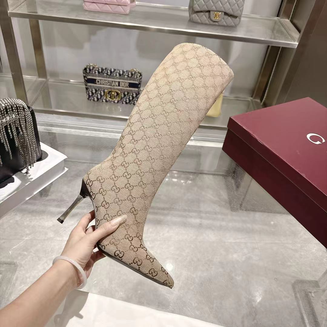 GUCCI Beige GG Bombshell Knee High Boots