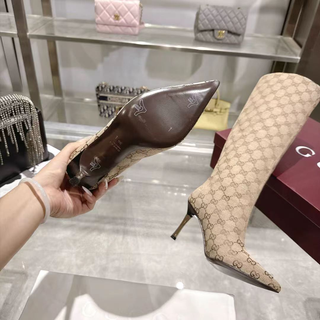 GUCCI Beige GG Bombshell Knee High Boots