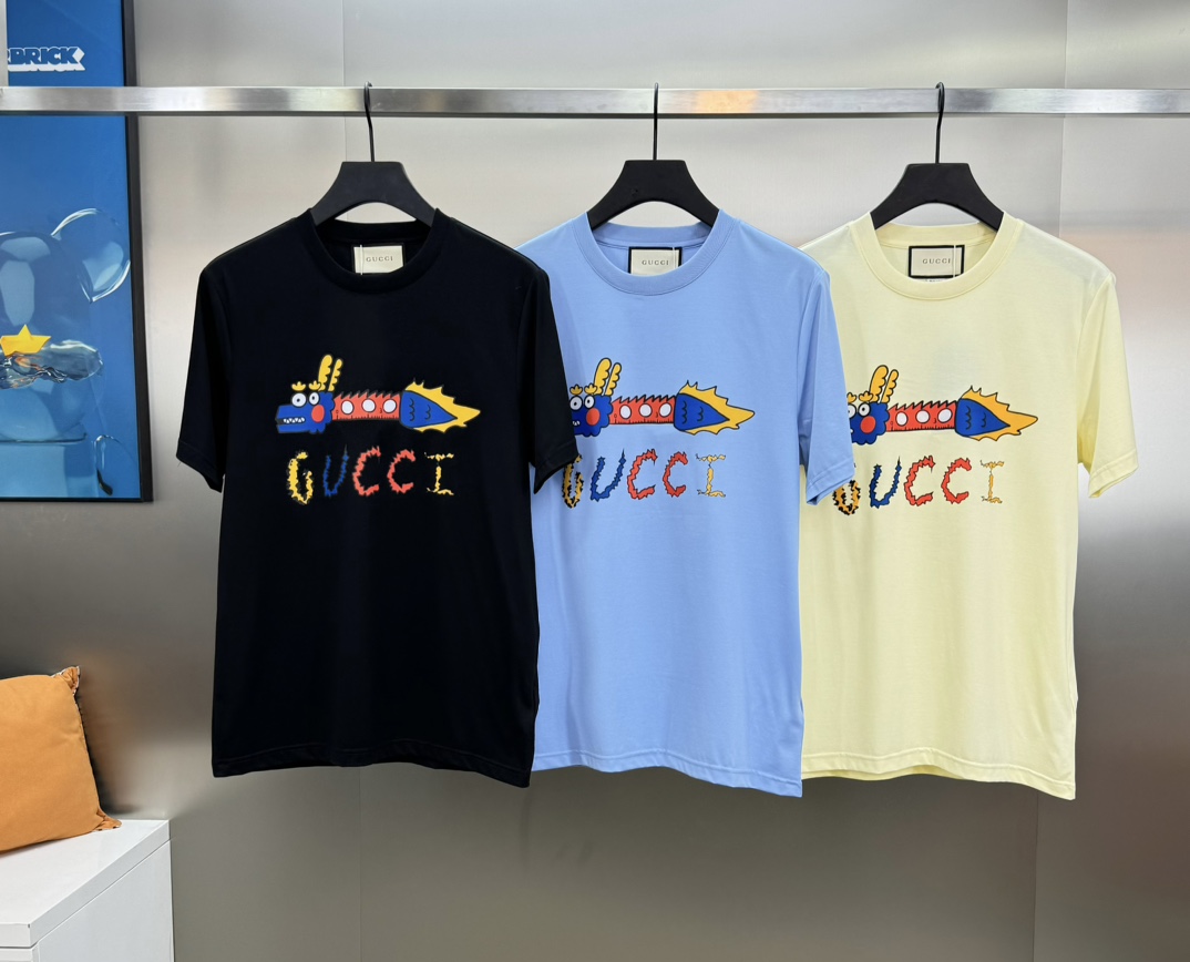 Gucci Clothing T-Shirt Beige Black Blue White Cotton Mercerized Spring/Summer Collection