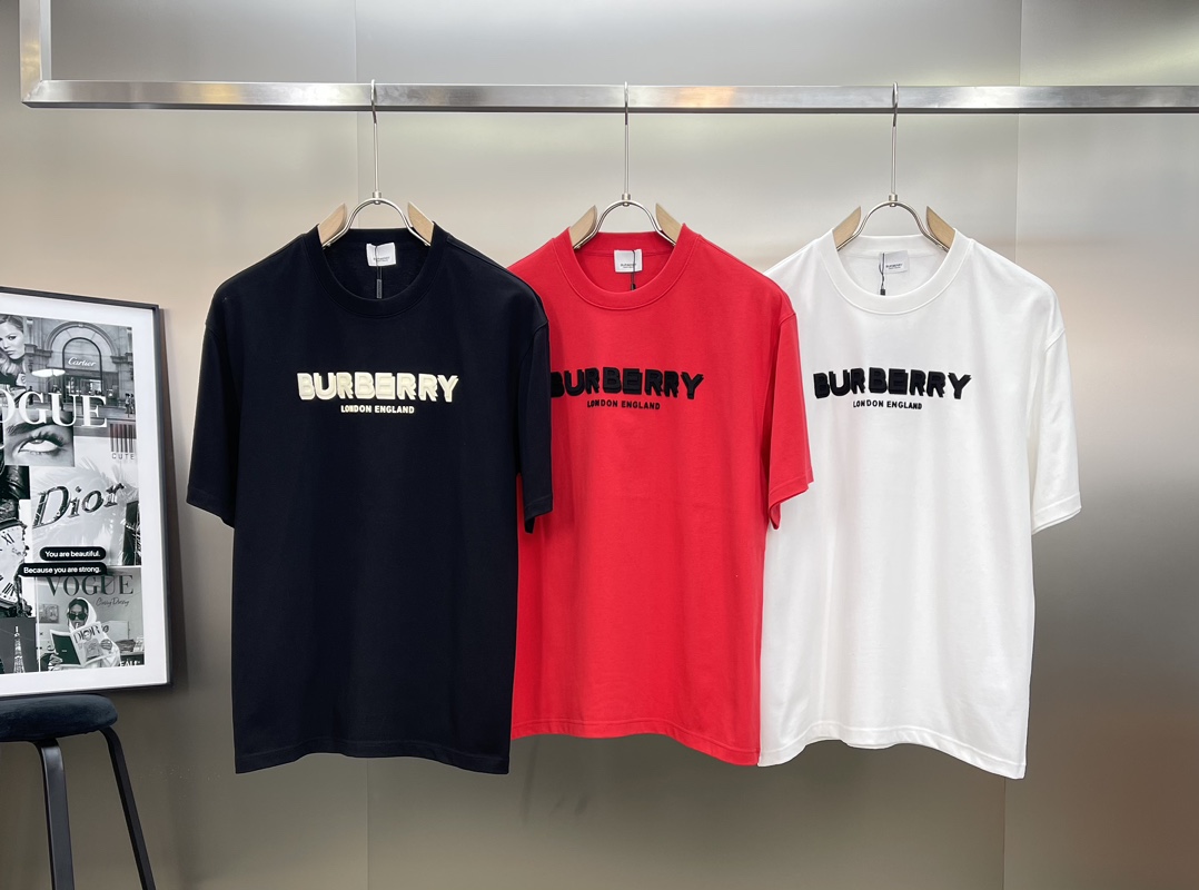 Burberry Clothing T-Shirt Black Red White Printing Unisex Cotton