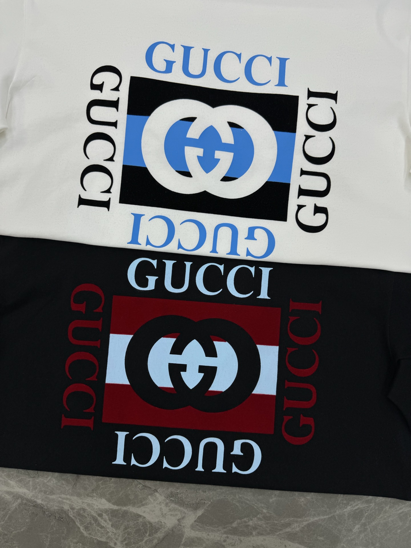 
        GUCC*潮牌25s新款圆领T恤.男女同款～潮人必备！胸前定制品牌图形烫画工艺.色彩减