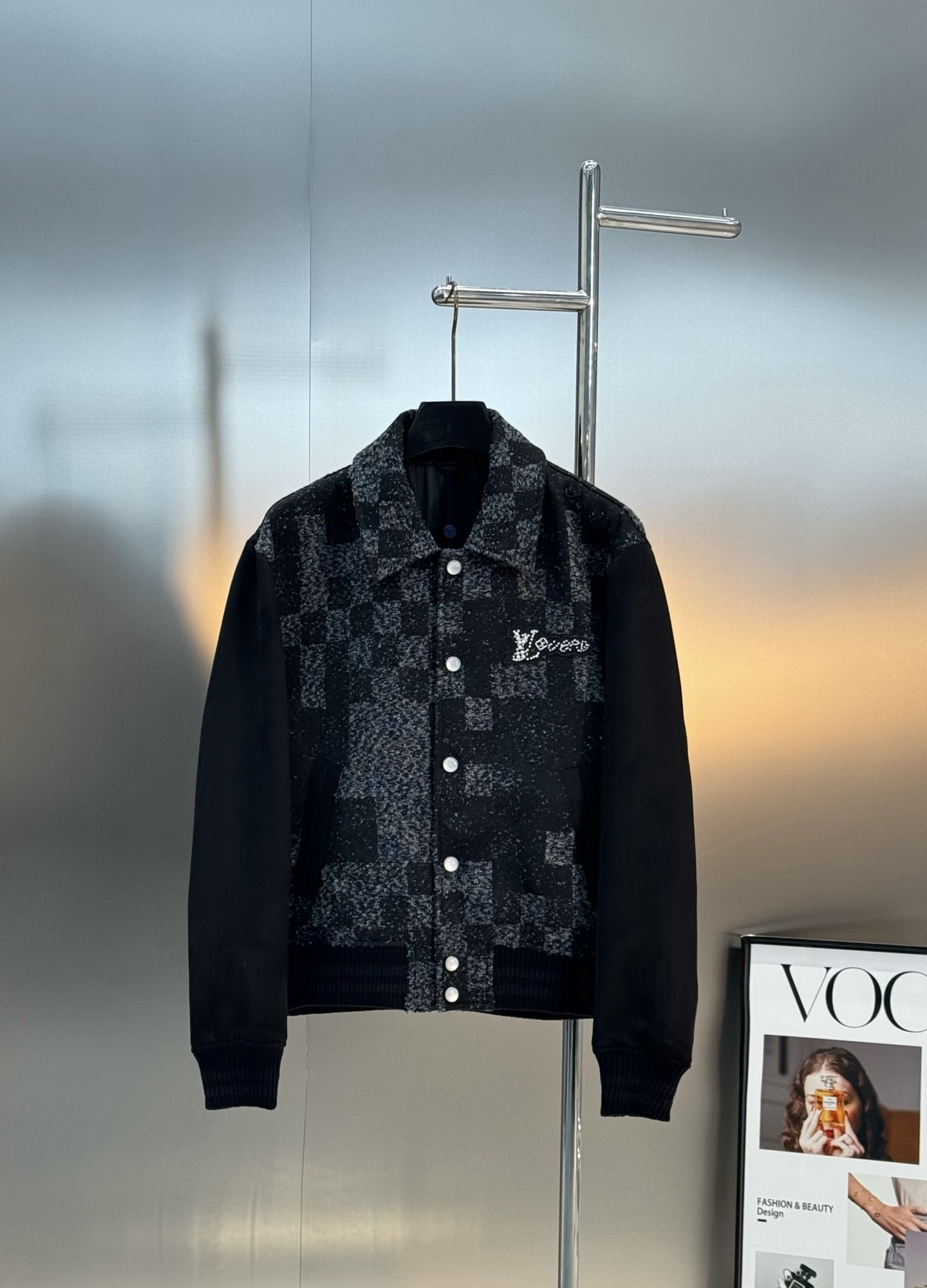 驴牌2025FW 秋冬新款翻领长袖棒球束腰夹克！男女同款！绒面皮革衣袖拼接毛呢衣身莱茵石和树脂珠饰点亮标